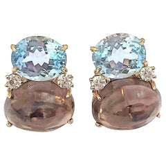 Large GUM DROP Earrings with Blue Topaz and Cabochon Smoky Topaz and Diamonds