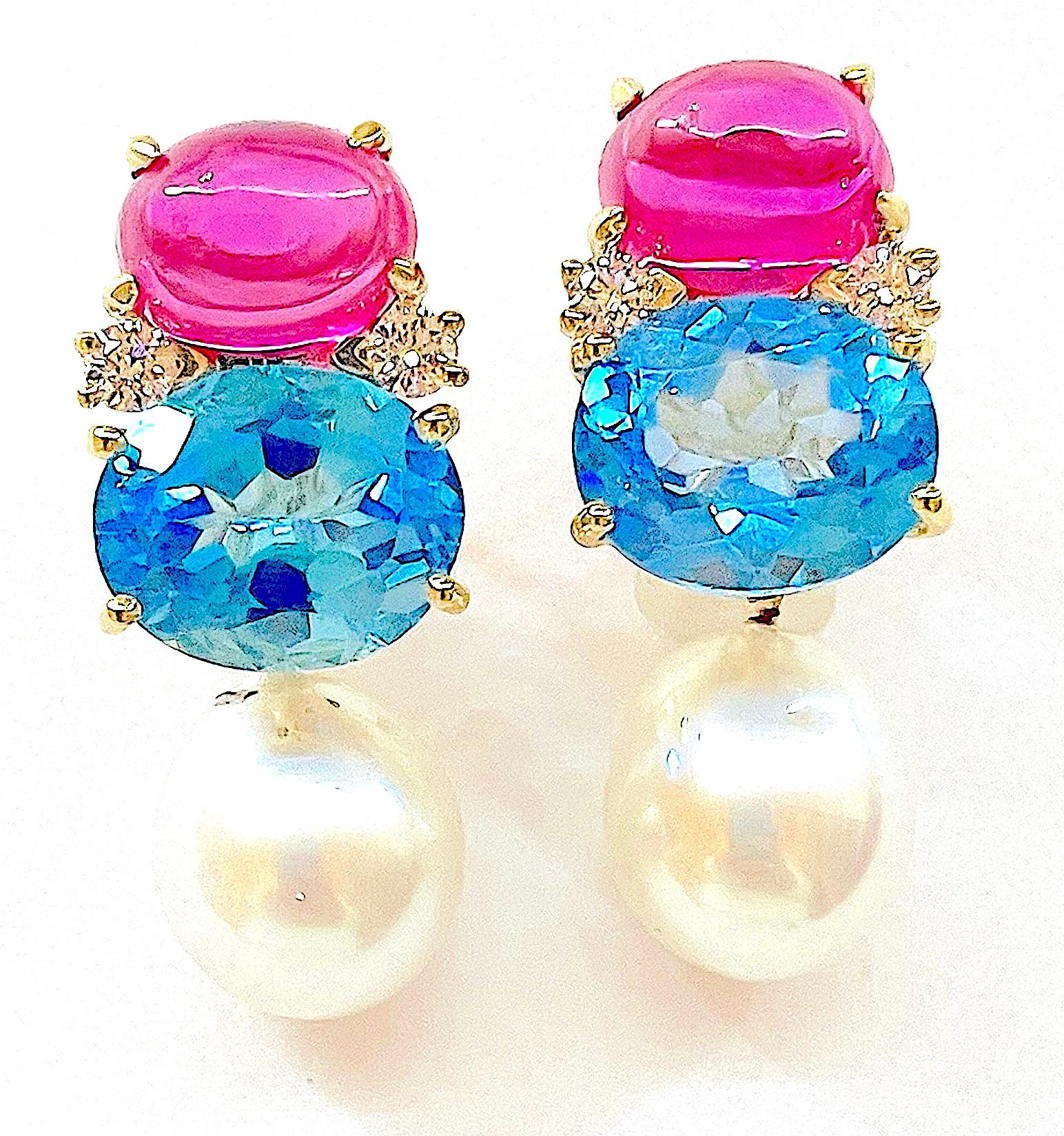 Large GUM DROP Earrings with Hot Pink and Deep Blue Topaz and Diamonds For Sale 5