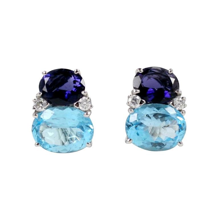 Large GUM DROP Earrings with Iolite and Blue Topaz and Diamonds