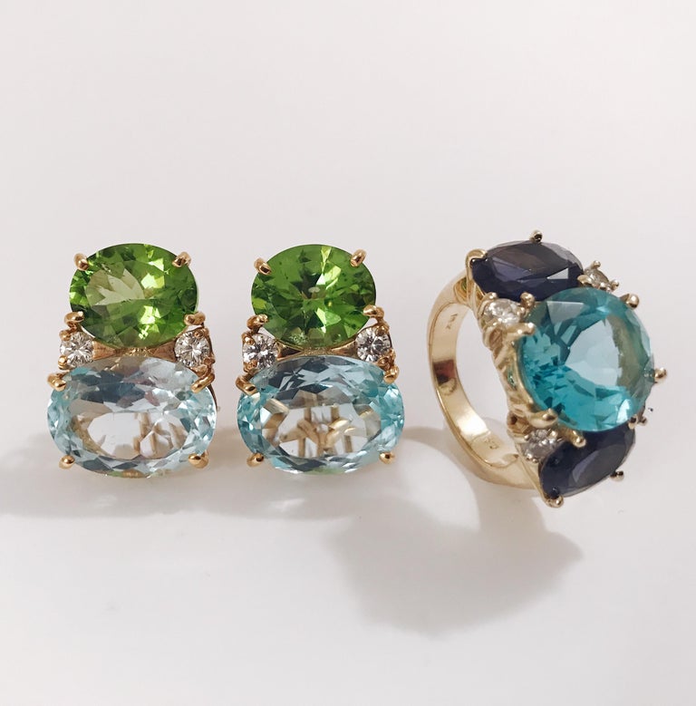 Boucles D'oreilles Or 14 Carats Topaze Bleue Et Diamants - Style Marquise, Occasion