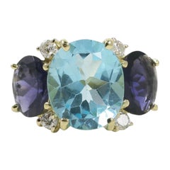 Large GUM DROP Ring with Blue Topaz and Iolite and Diamonds