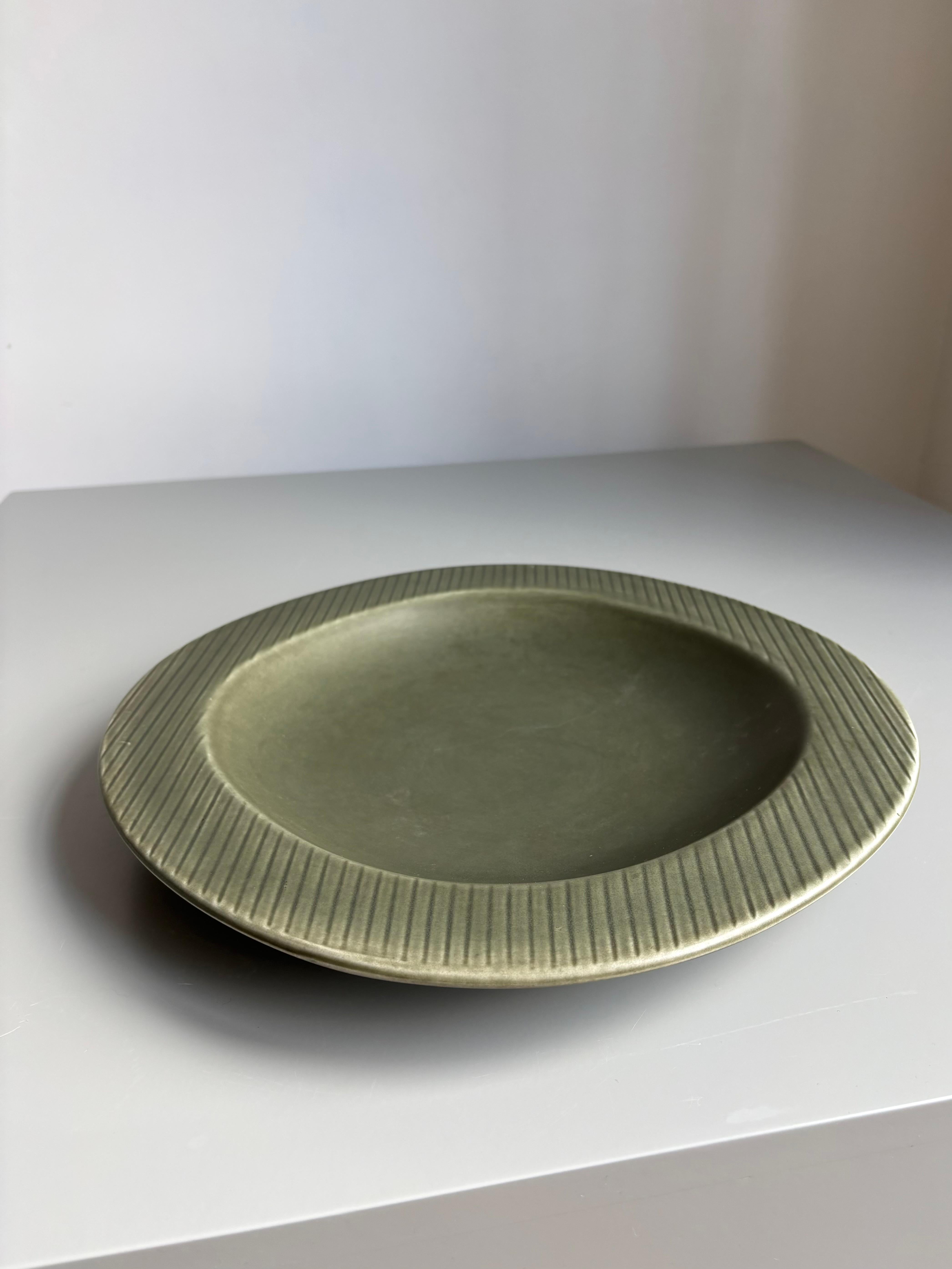 Glazed Large Gunnar Nylund Sage Green Stoneware Plate, Sweden, 1960s For Sale