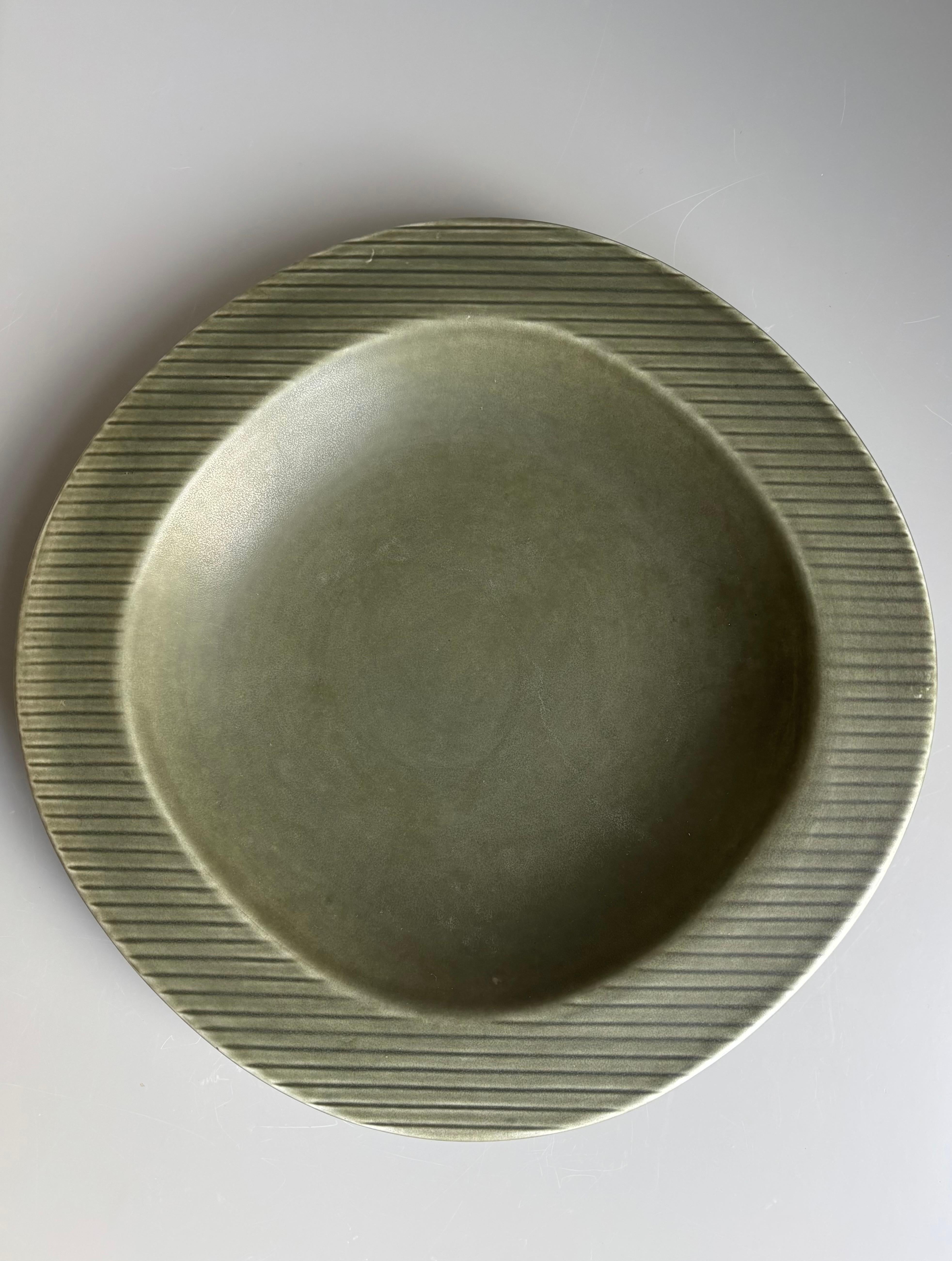 Large Gunnar Nylund Sage Green Stoneware Plate, Sweden, 1960s For Sale 1