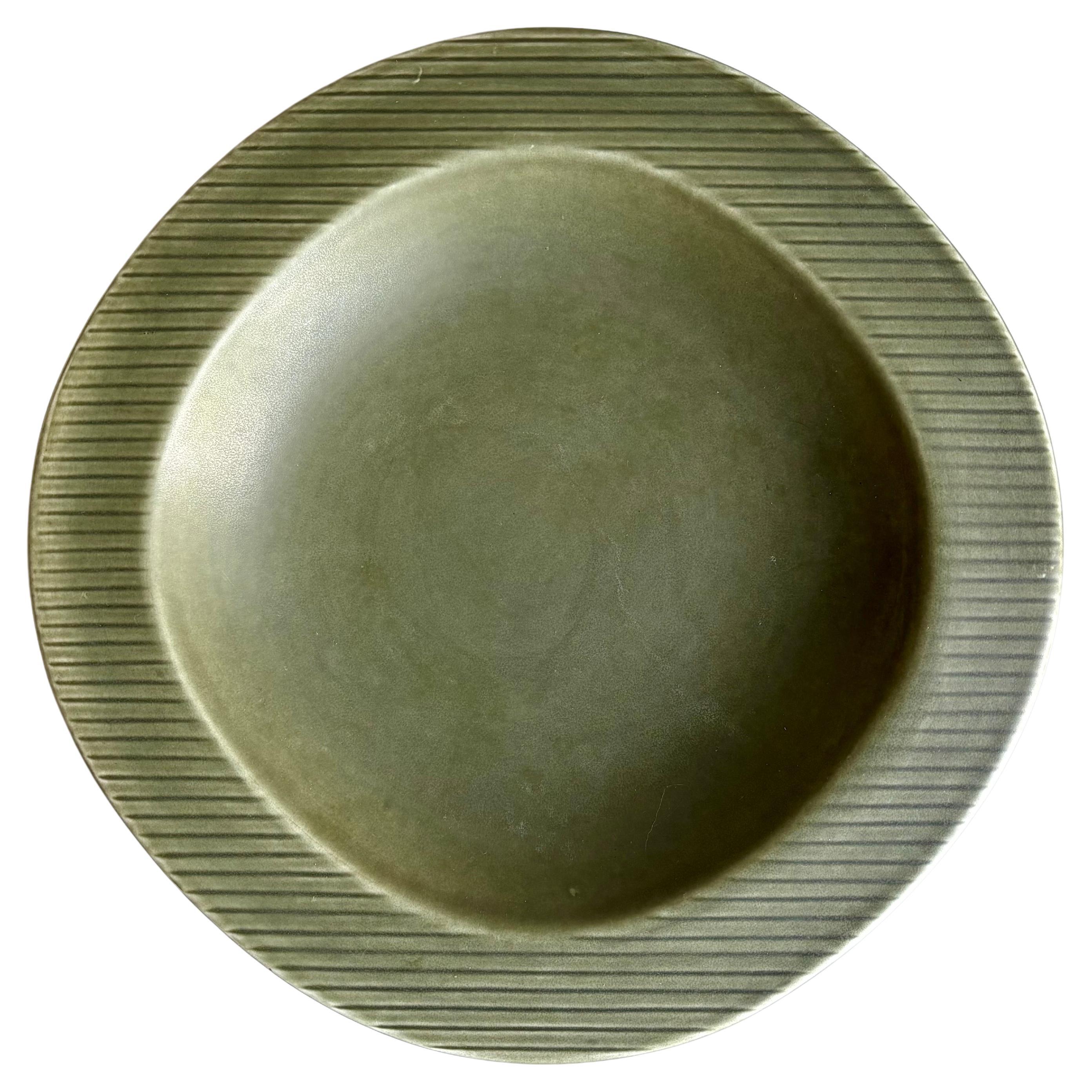 Large Gunnar Nylund Sage Green Stoneware Plate, Sweden, 1960s