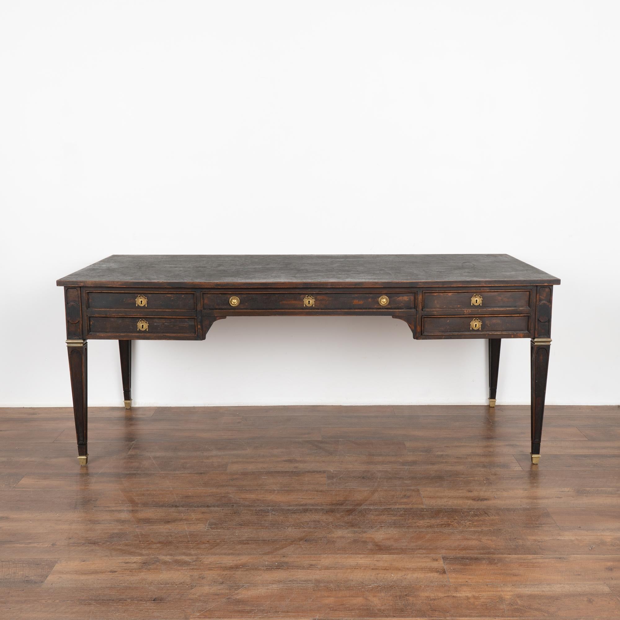Large Gustavian Black Desk With Five Drawers, Sweden circa 1900's In Good Condition In Round Top, TX