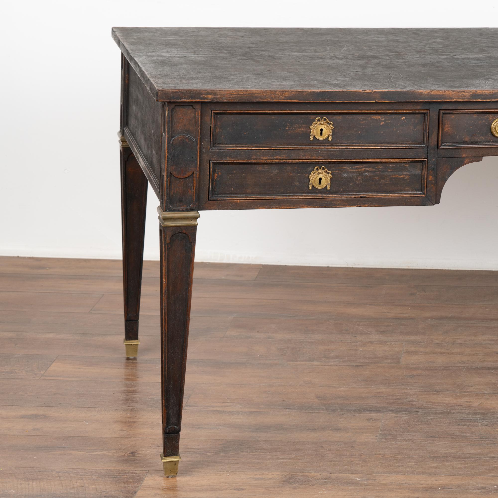 Brass Large Gustavian Black Desk With Five Drawers, Sweden circa 1900's
