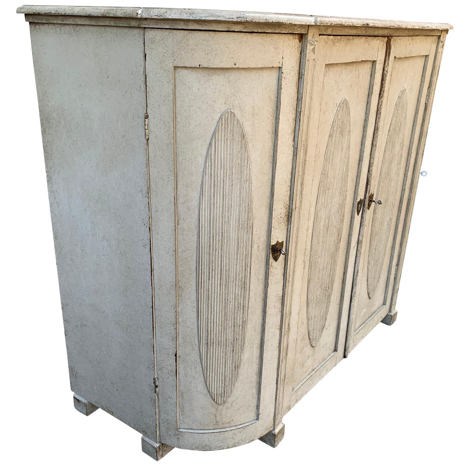 19th Century Large Gray Painted Gustavian Carved Wood Sideboard Buffet
