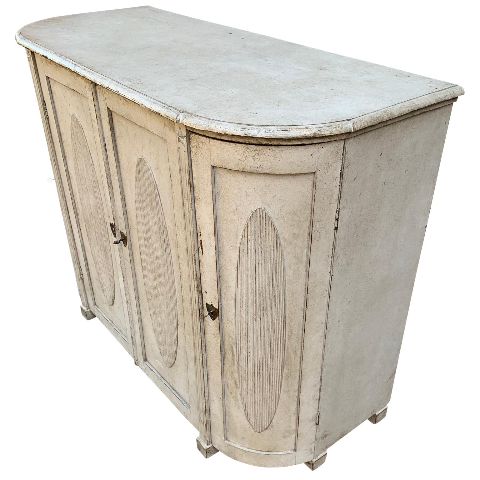 Brass Large Gray Painted Gustavian Carved Wood Sideboard Buffet