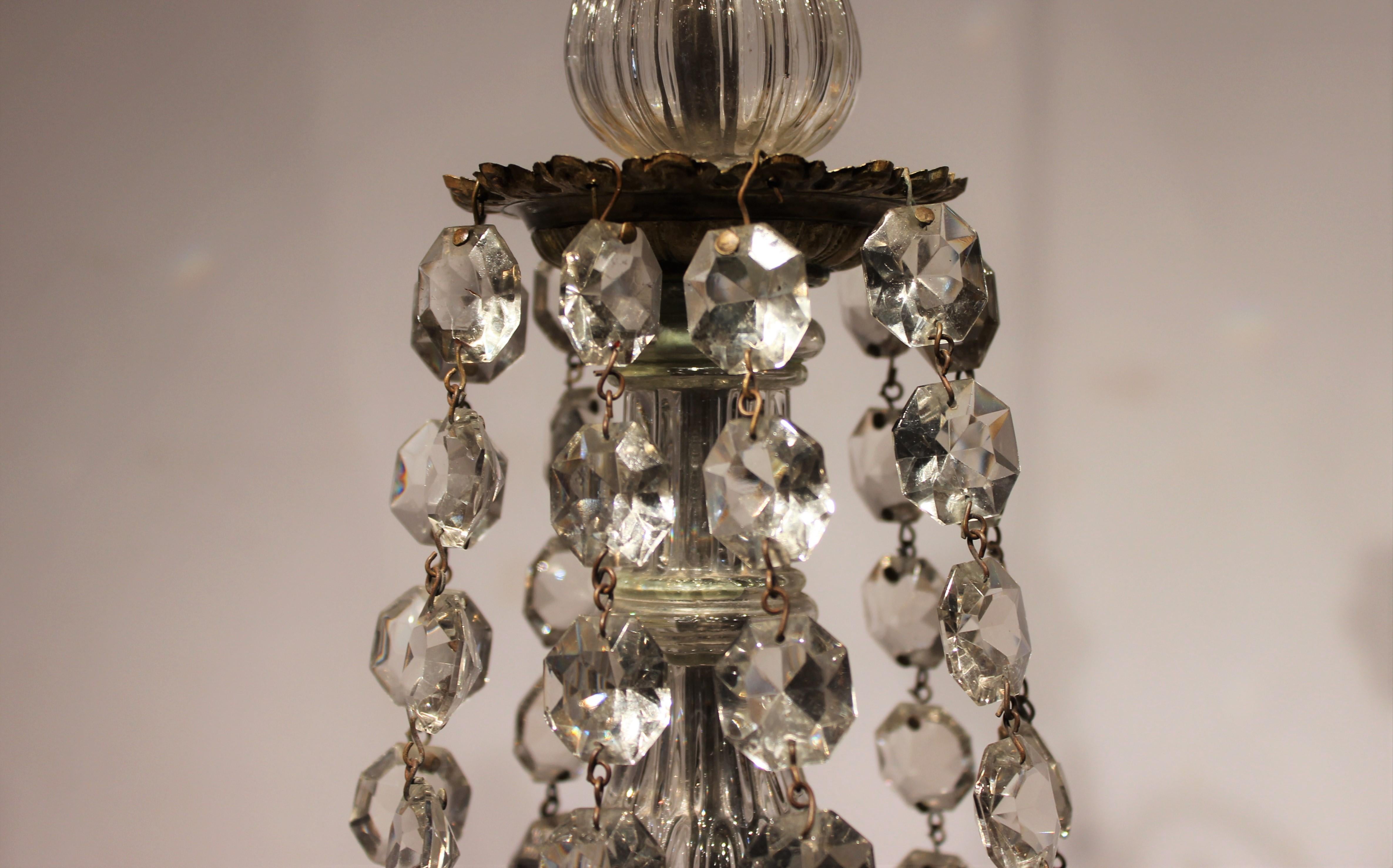 Danish Large Gustavian Chandelier of Prisms and Lyre Gilded Bronze, 1840s