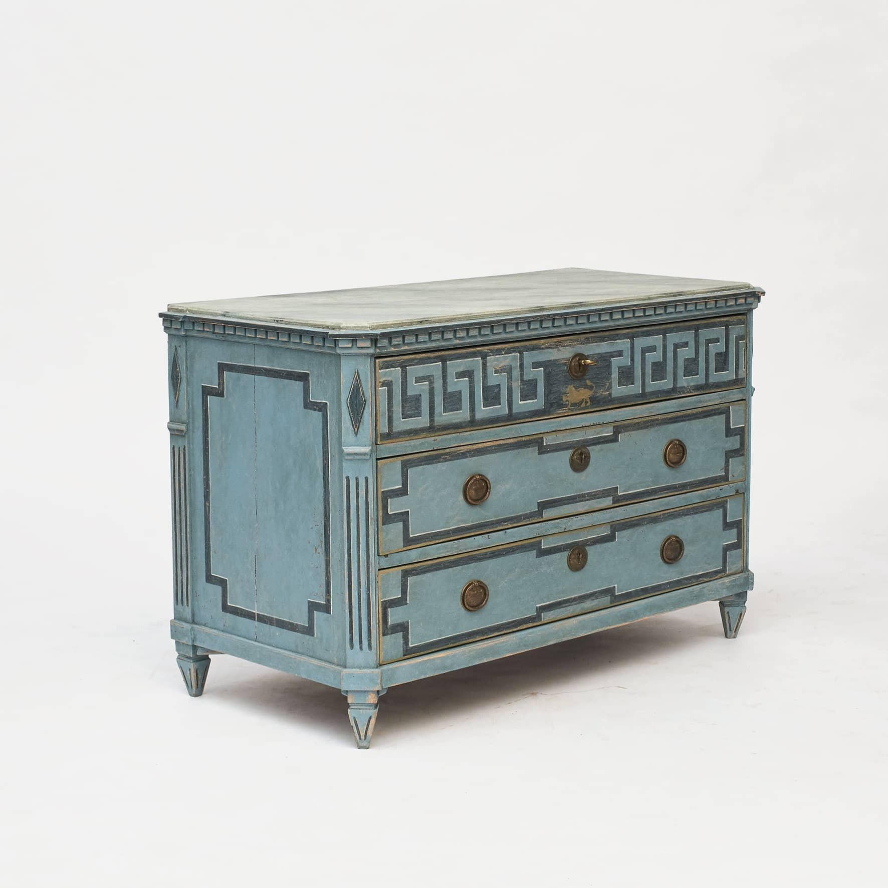 Hand-Painted Large Gustavian Style Chest of Drawers in Blue Shades