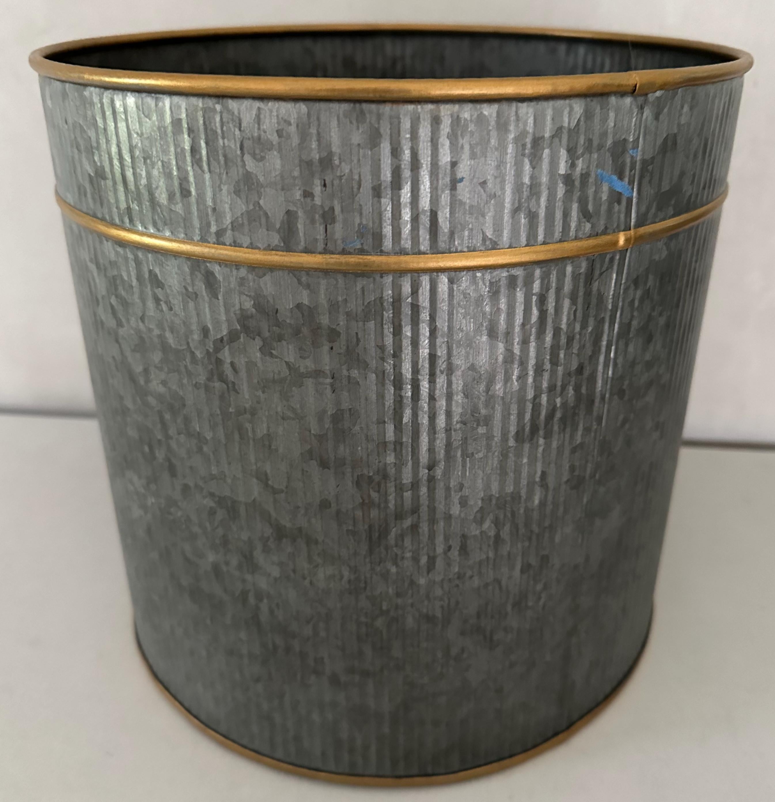 Galvanized Large Gustavian Style Gilt Metal Accent Waste Basket  For Sale