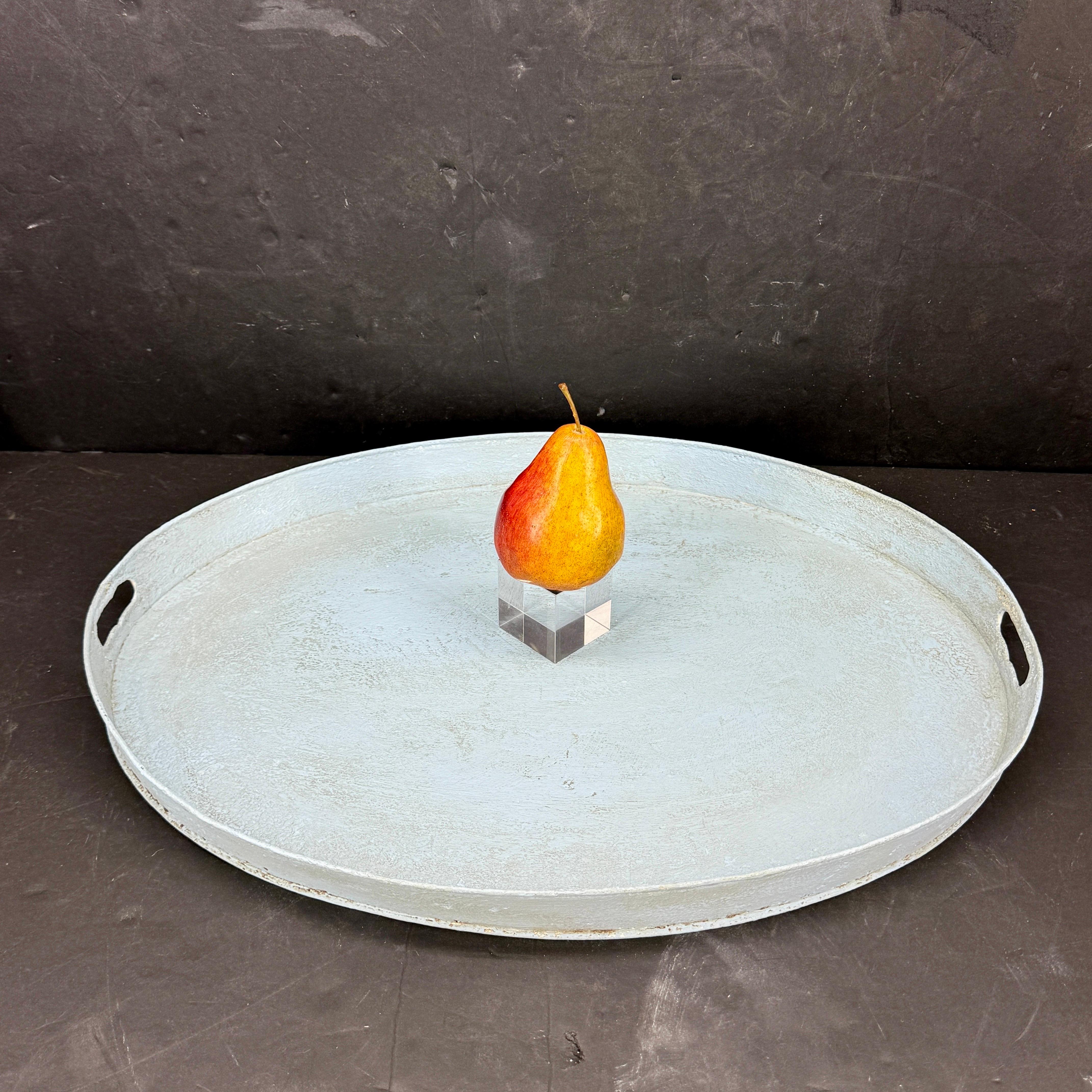 Large Gustavian Style Oval Blue Painted Tole Tray with Handles For Sale 8
