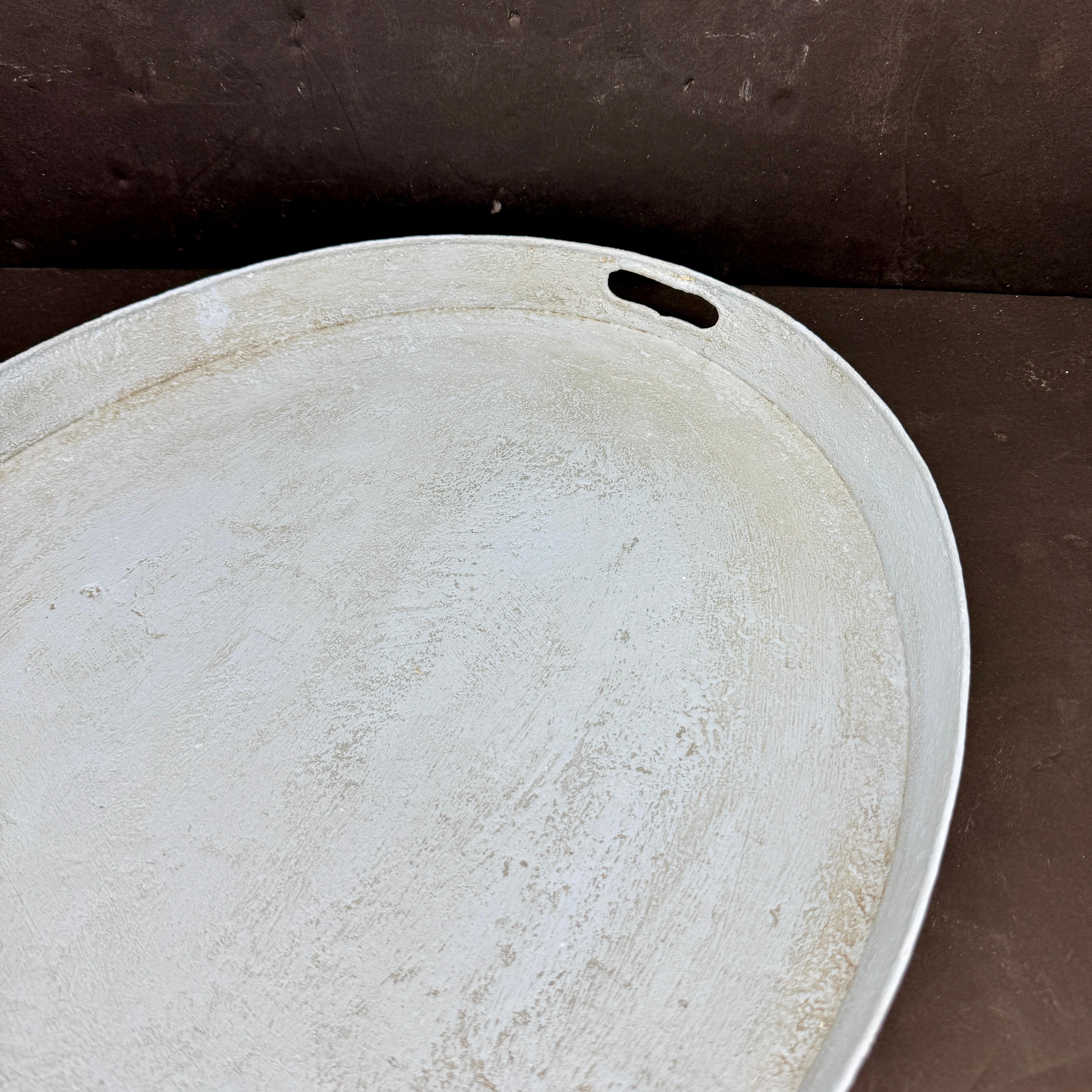 Large Gustavian Style Oval Blue Painted Tole Tray with Handles In Good Condition For Sale In Haddonfield, NJ
