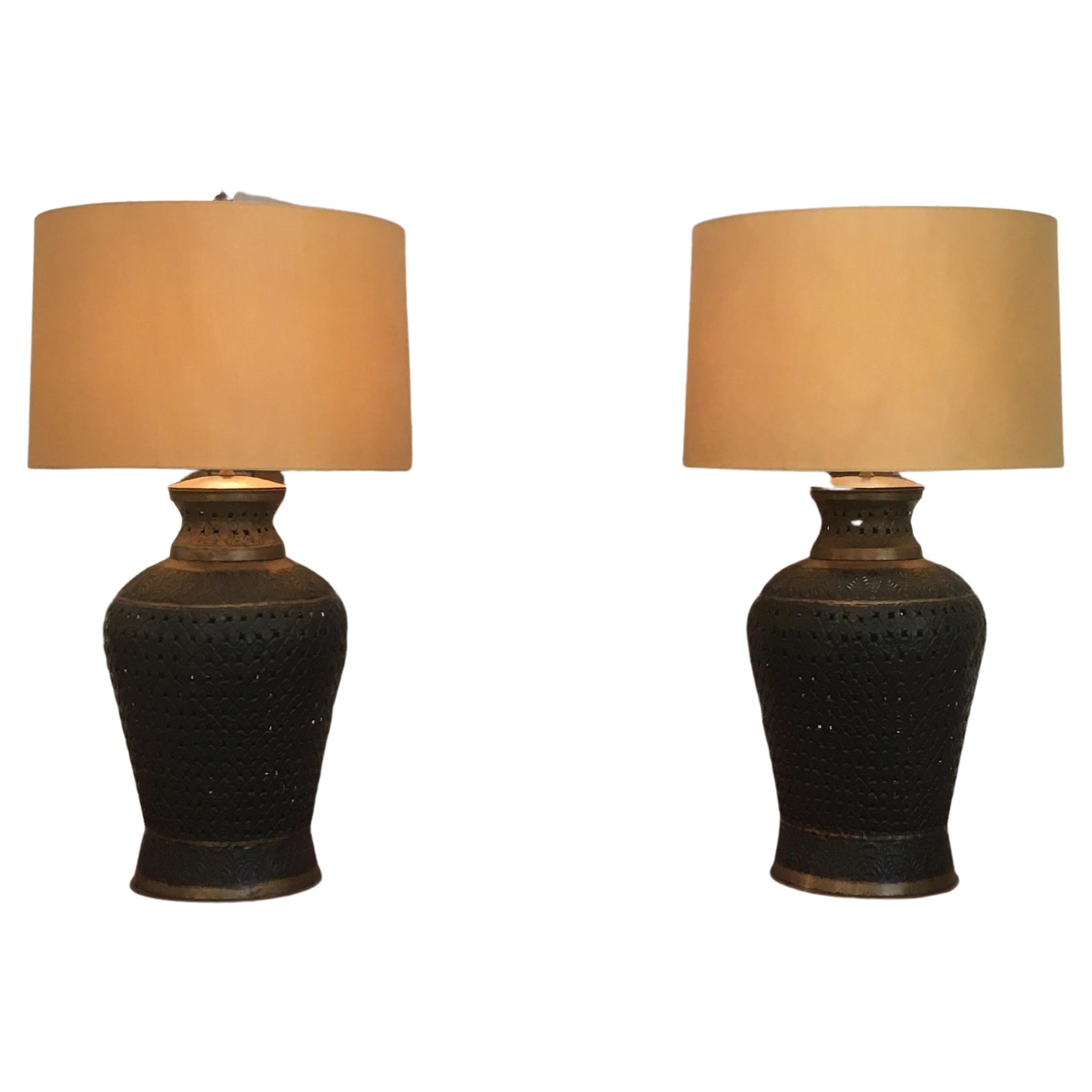 Large Gutsy Striking Pair of Pierced Metal Table Lamps For Sale