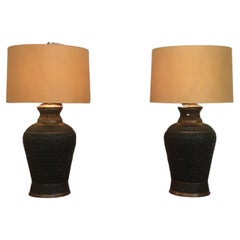 Vintage Large Gutsy Striking Pair of Pierced Metal Table Lamps