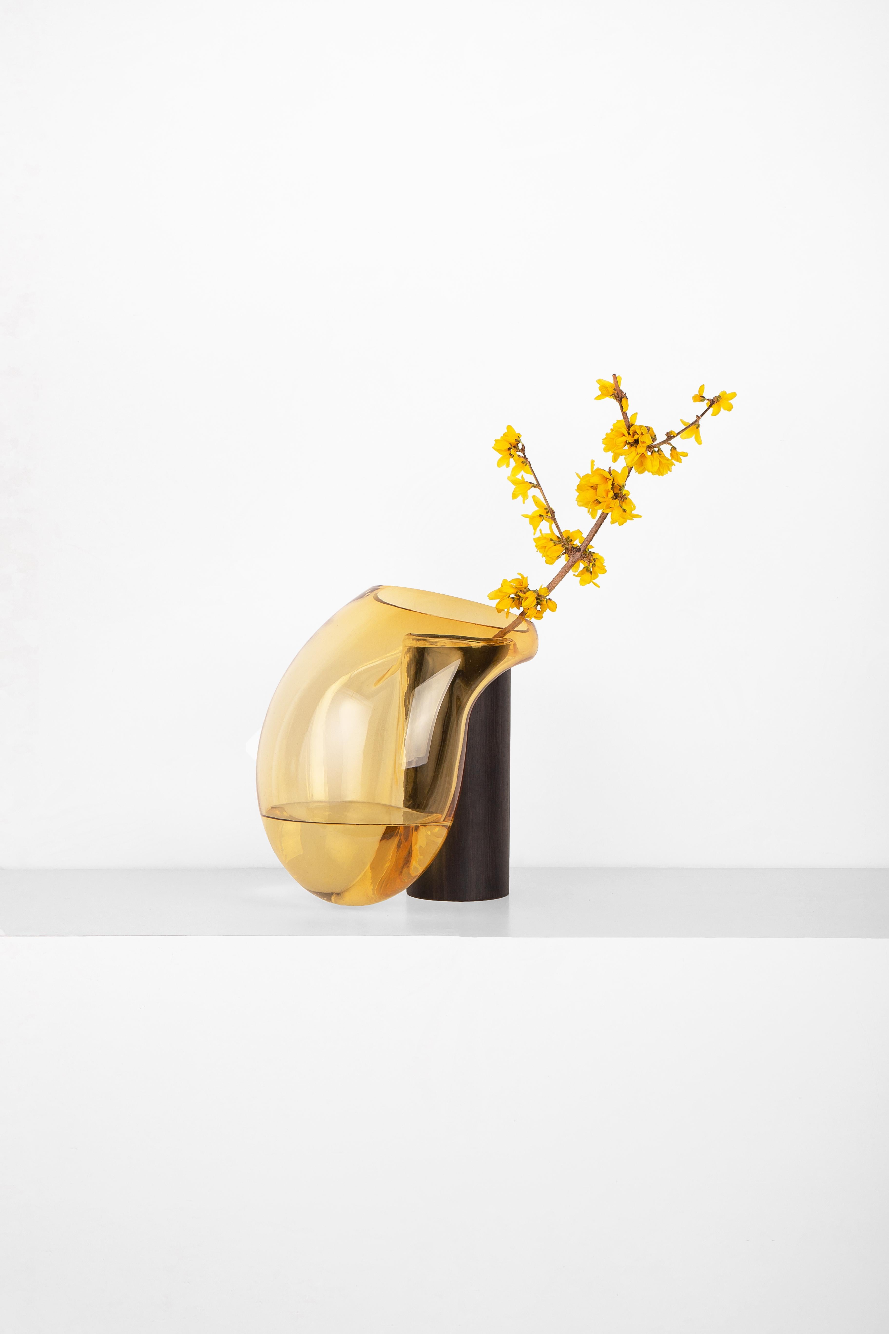 Vaso grande Gutta Boom CS2 di NOOM
Dimensioni: L. 20 x P. 21 x H. 30 cm 
Materiali: Vetro soffiato color ambra e quercia rivestita internamente con resina epossidica.

I vasi scultorei in vetro 