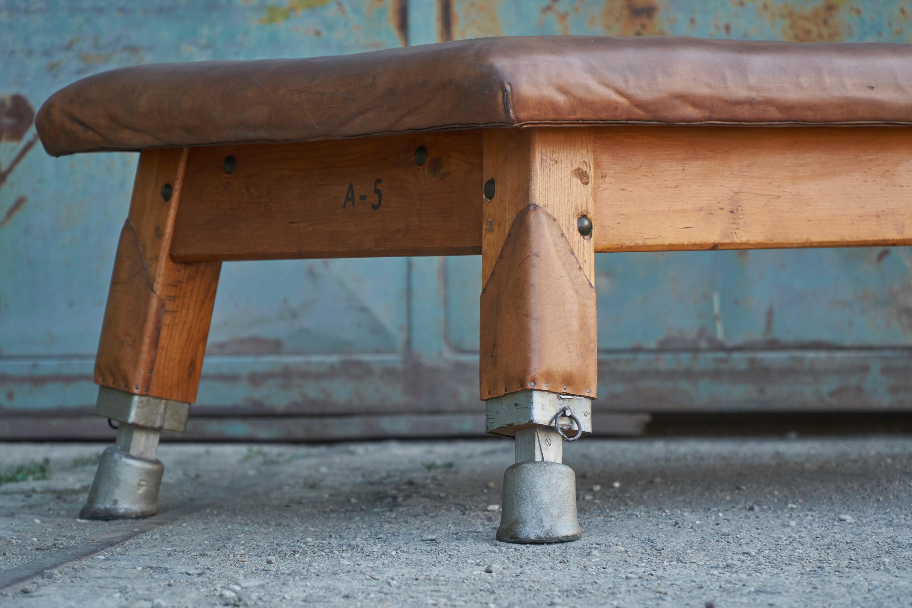 Industrial Large Gymnastics Leather Bench Table 1930s, Exclusive For Sale