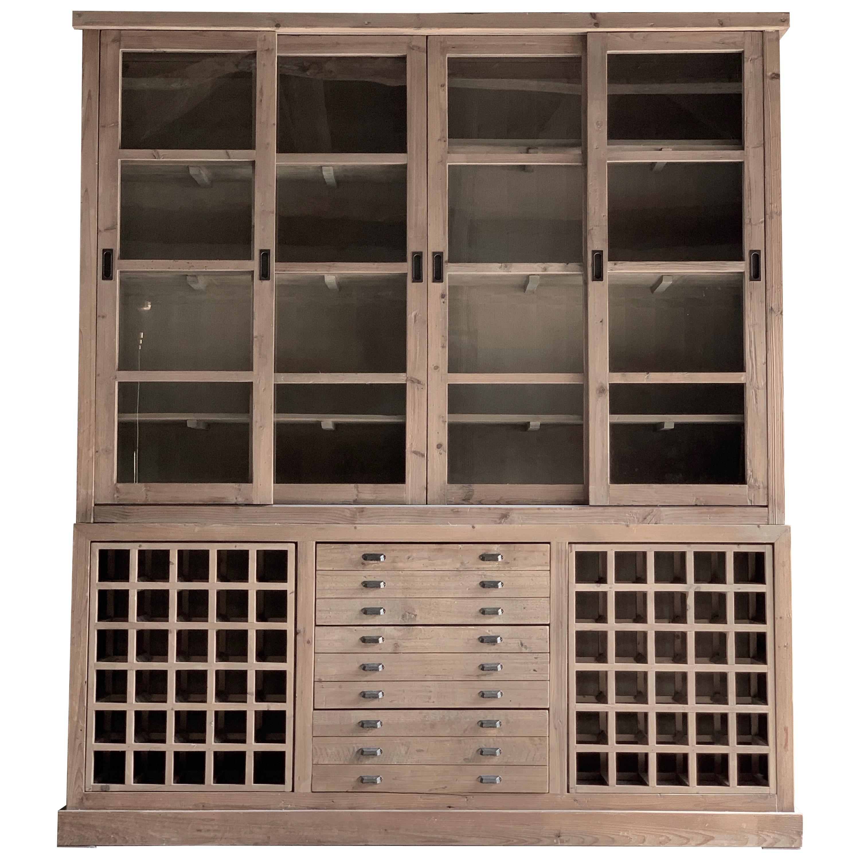 Large Haberdashery Display Cabinet Pantry Bookcase Sideboard Pine, 20th Century