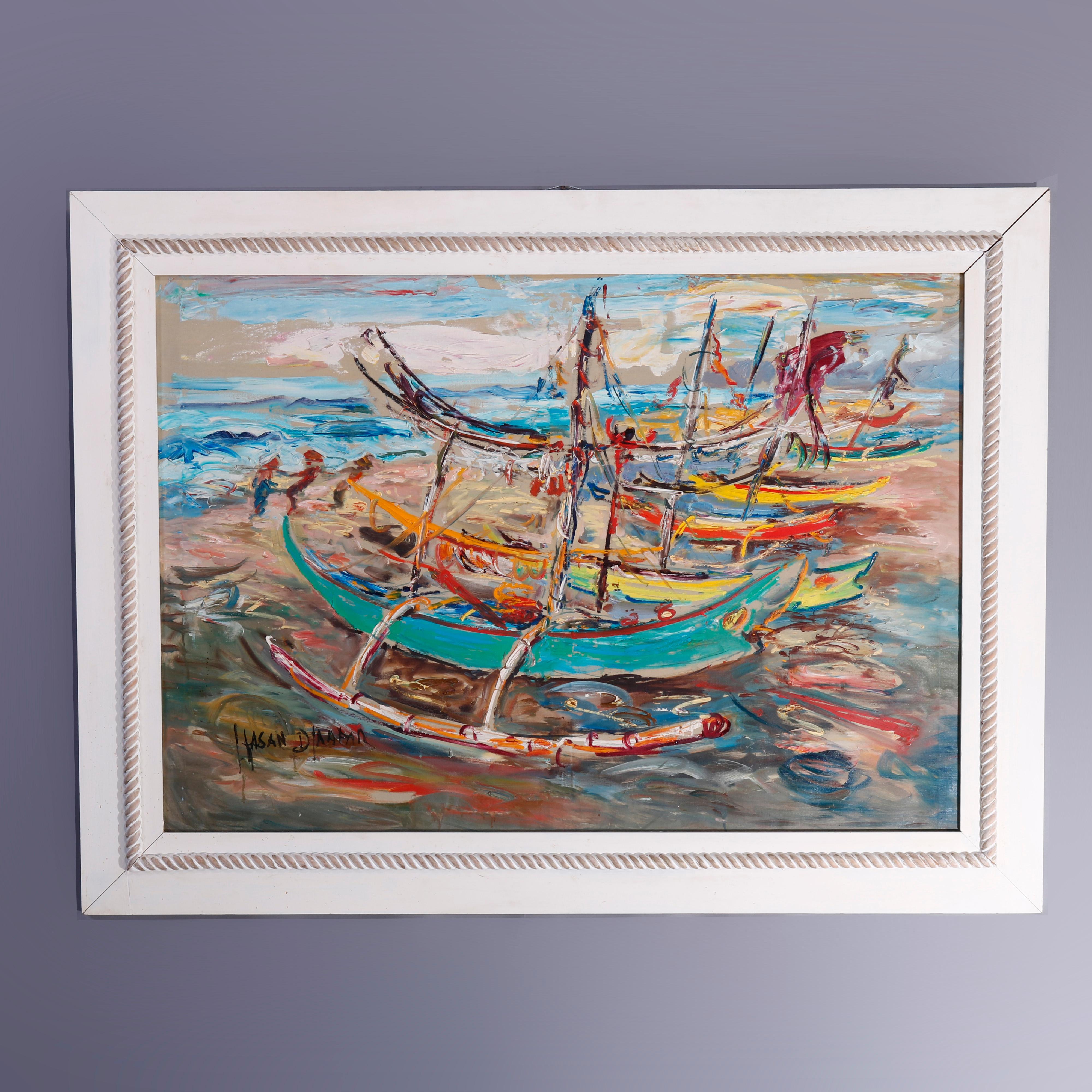 An oversized Haitian Impressionistic painting by Has an Djaafar offers oil on canvas boat harbor scene, artist signed lower left, seated in painted wood frame, c1940

Measures - 58.75''H x 44''W x 2''D; sight 53.75'' x 32.5''.
  