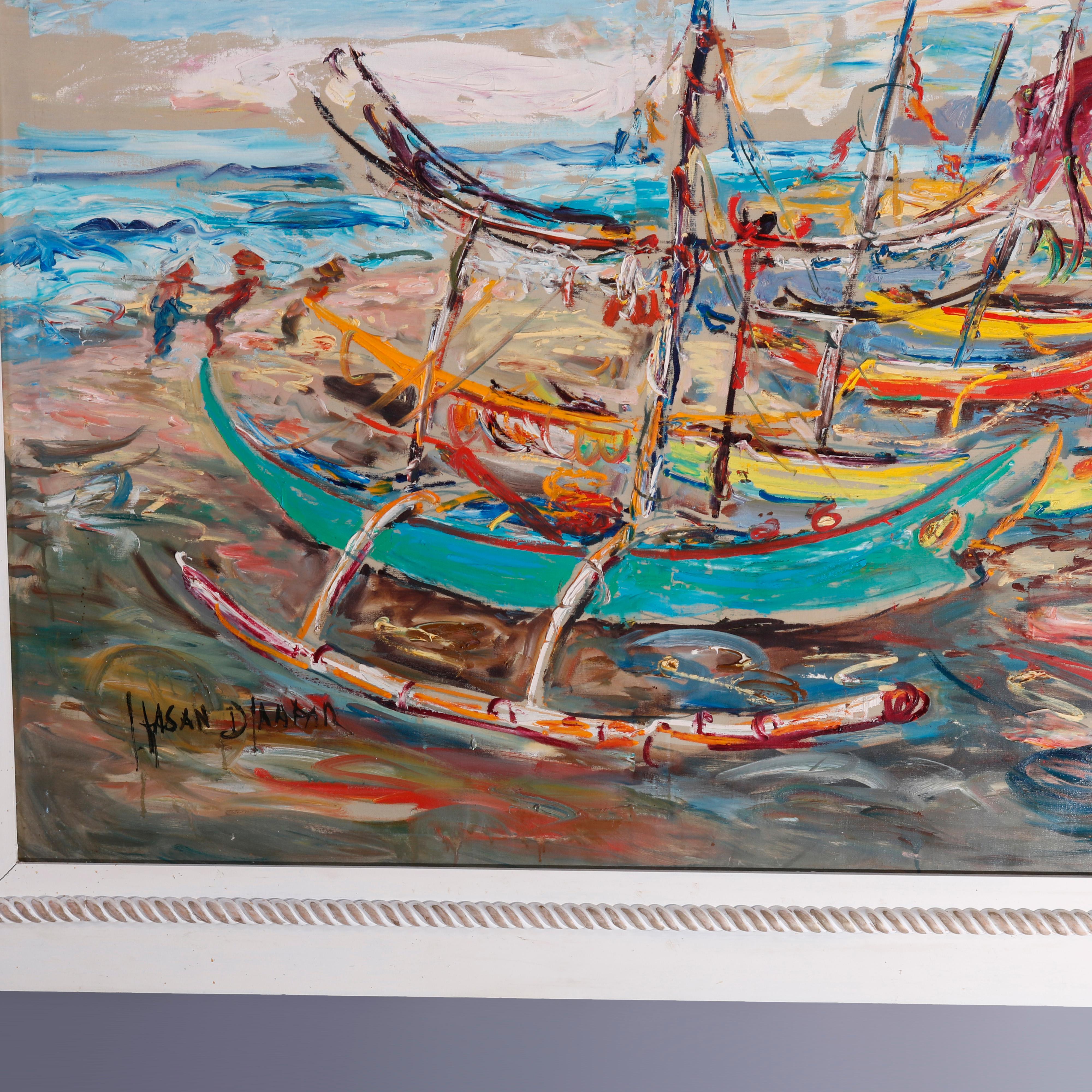 North American Large Haitian Impressionistic Oil on Canvas Boat Harbor by Has An Djaafar, c1940