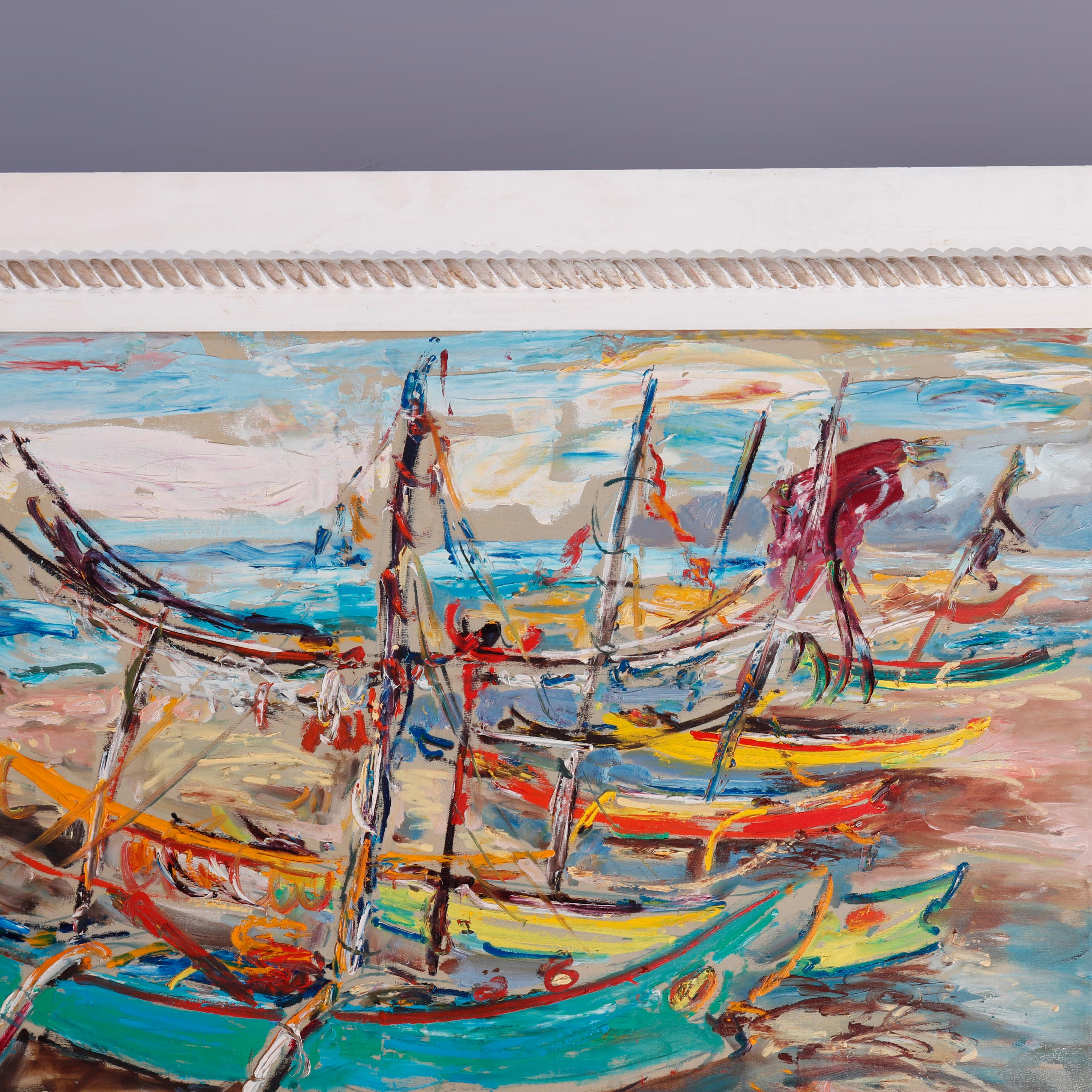 Hand-Painted Large Haitian Impressionistic Oil on Canvas Boat Harbor by Has An Djaafar, c1940