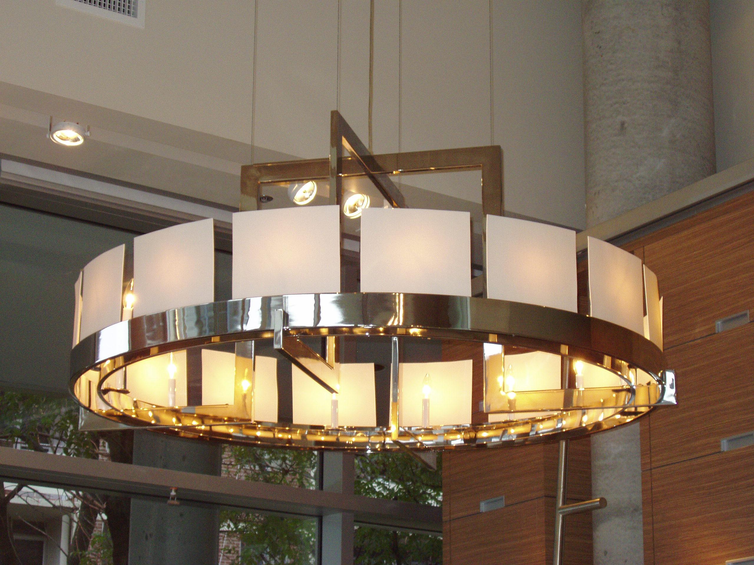 Modern Large Halo Chandelier in Nickel with Porcelain Diffusers by Powell & Bonnell For Sale