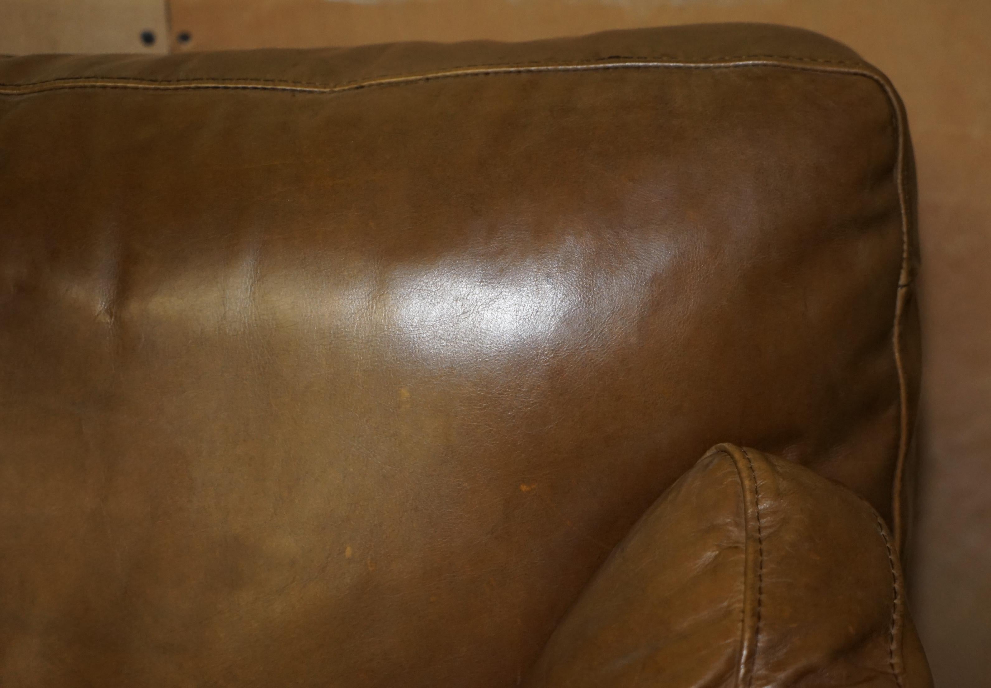 Large Halo Heritage Tan Brown Leather Three Seat Sofa Side Base Back Cushions 1