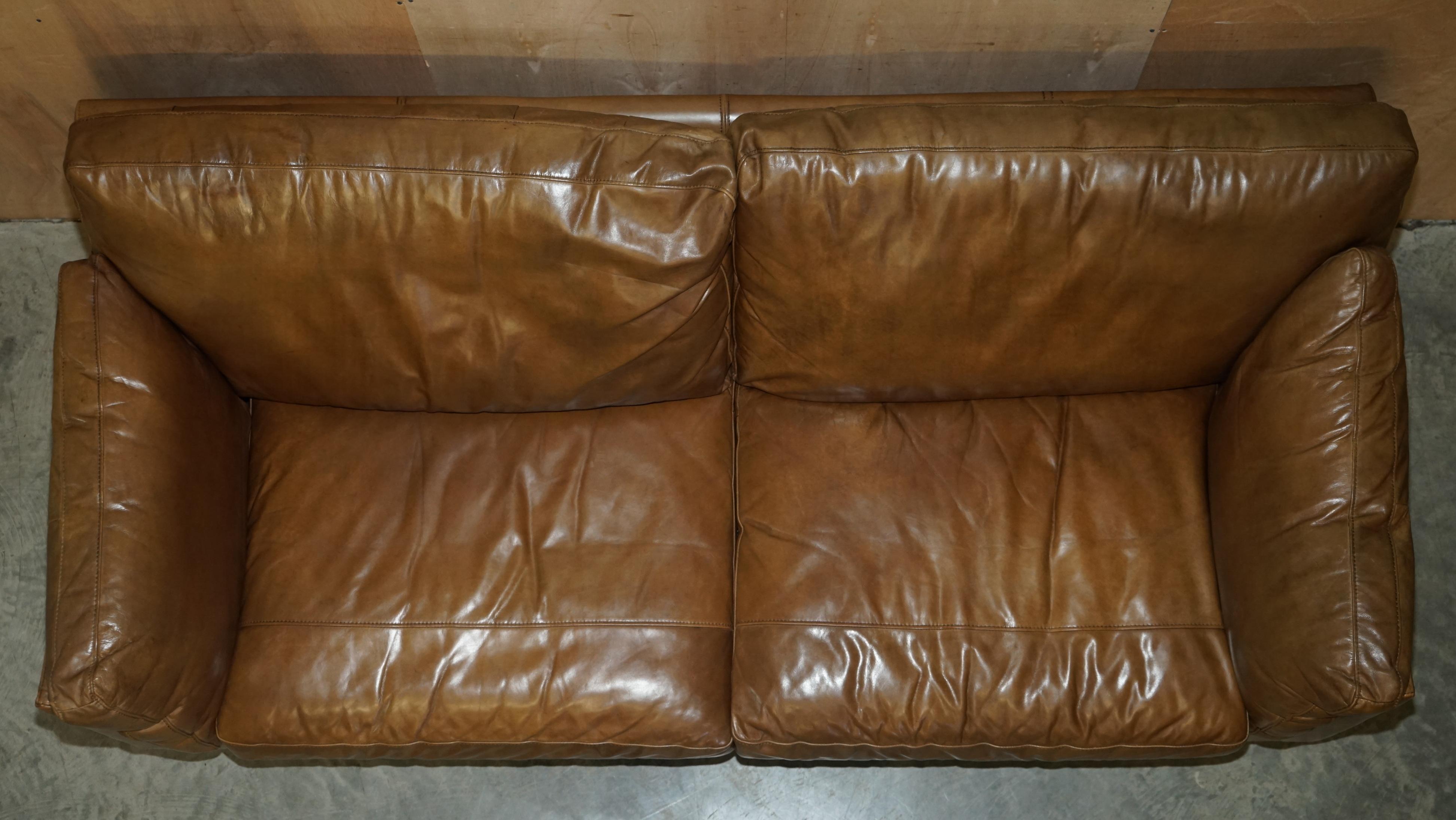 Large Halo Heritage Tan Brown Leather Three Seat Sofa Side Base Back Cushions 5