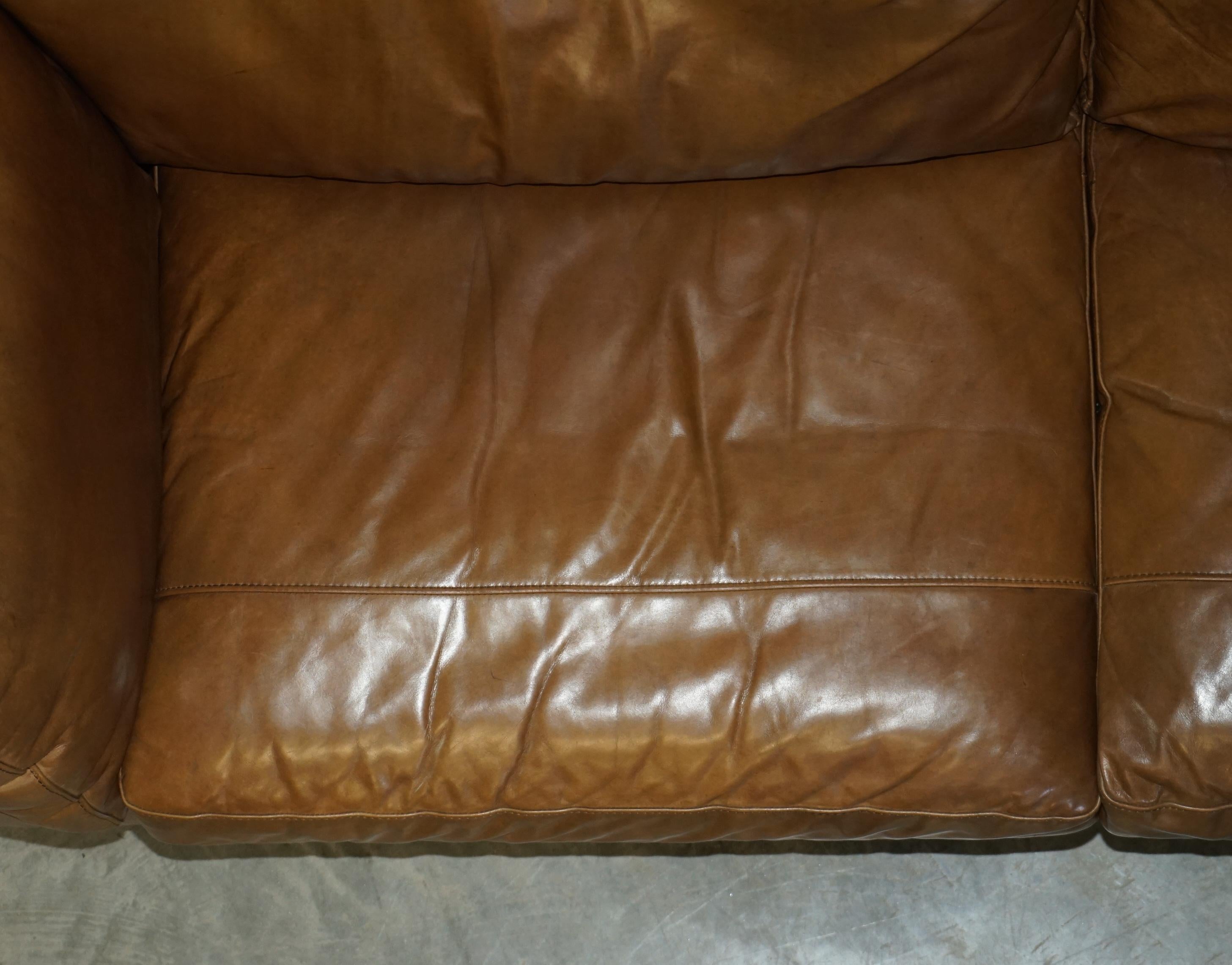 Large Halo Heritage Tan Brown Leather Three Seat Sofa Side Base Back