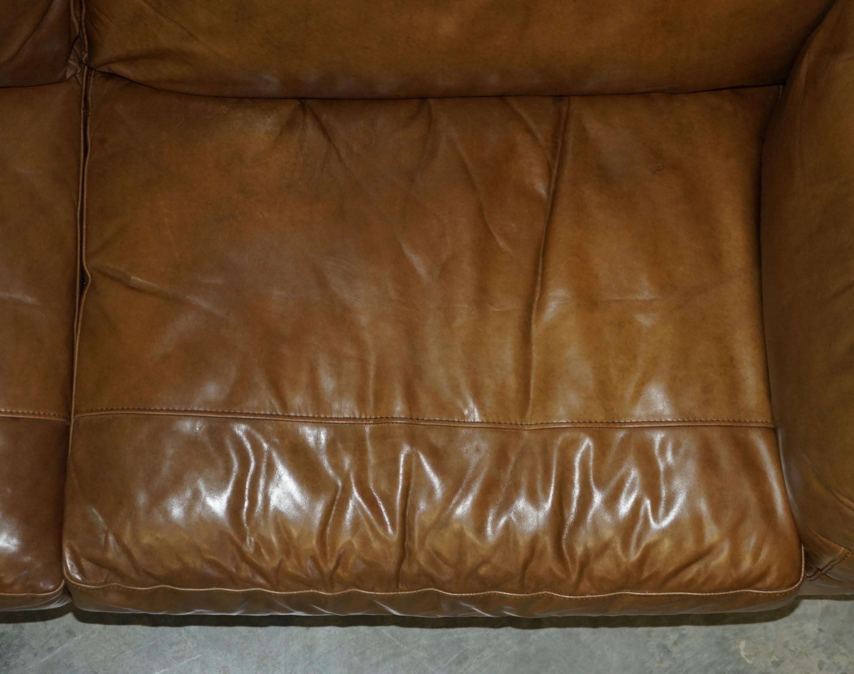Large Halo Heritage Tan Brown Leather Three Seat Sofa Side Base Back Cushions 7