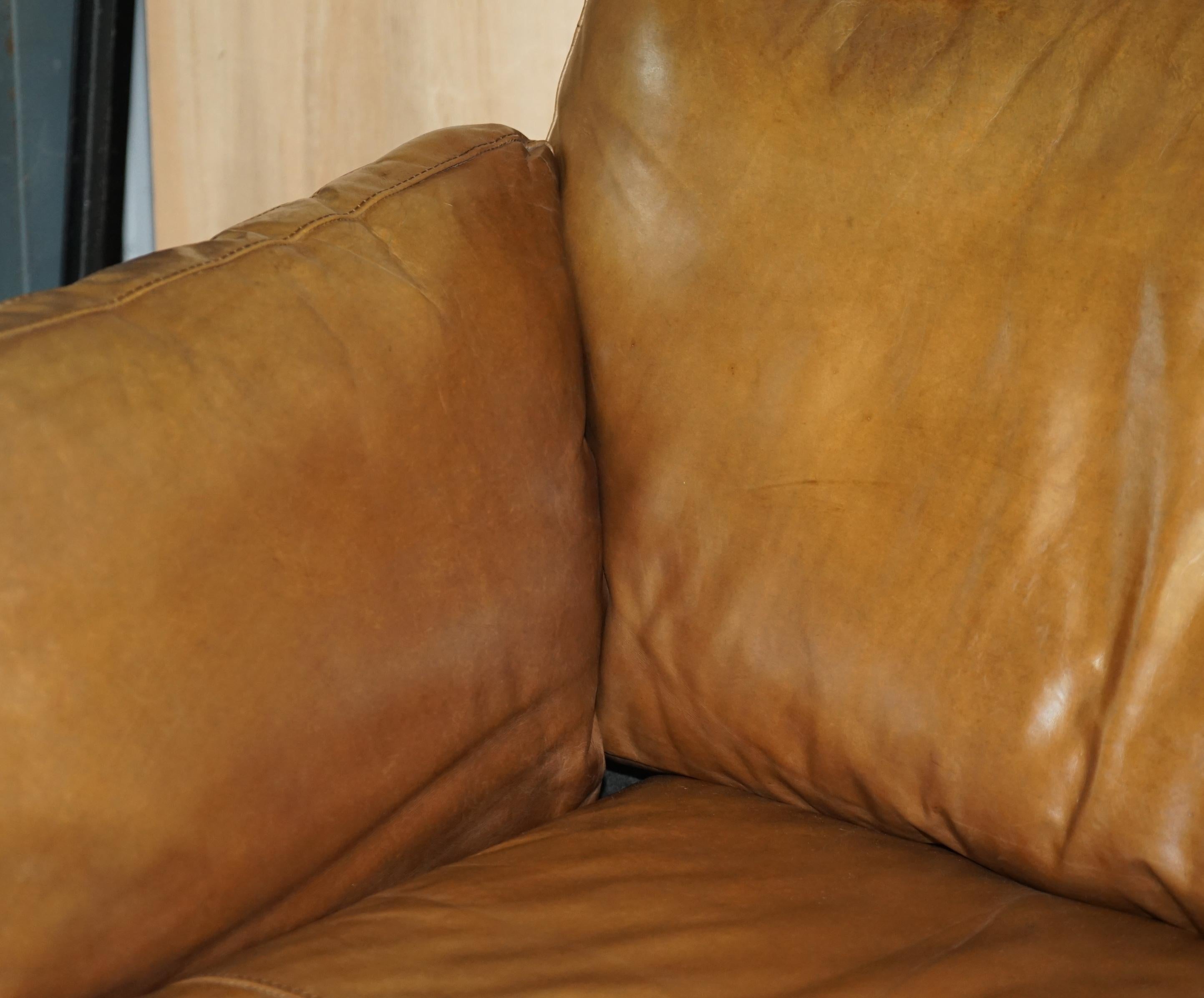 Large Halo Heritage Tan Brown Leather Three Seat Sofa Side Base Back Cushions 8
