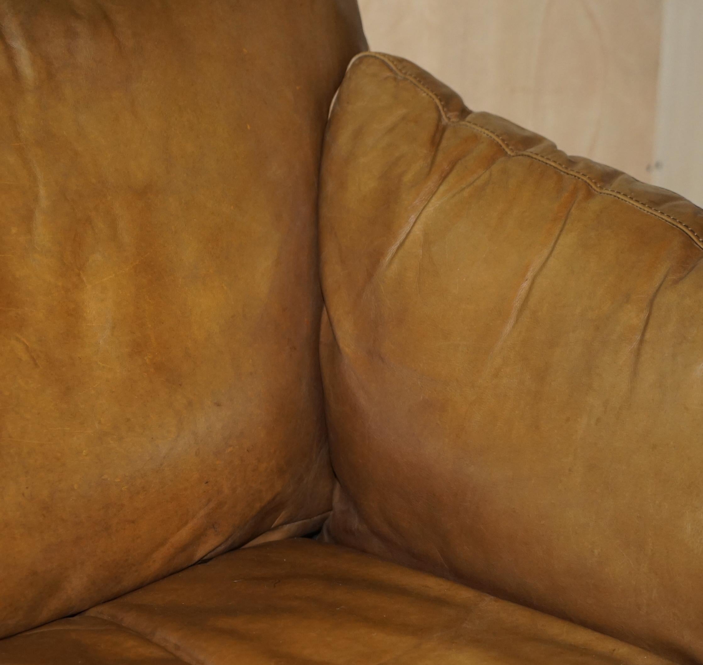 Large Halo Heritage Tan Brown Leather Three Seat Sofa Side Base Back Cushions 9
