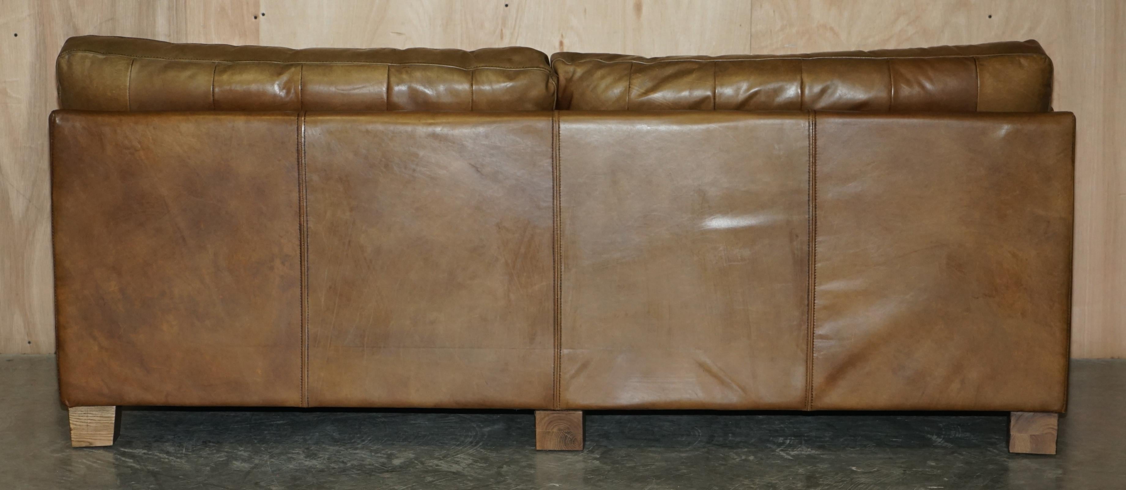 Large Halo Heritage Tan Brown Leather Three Seat Sofa Side Base Back Cushions 10