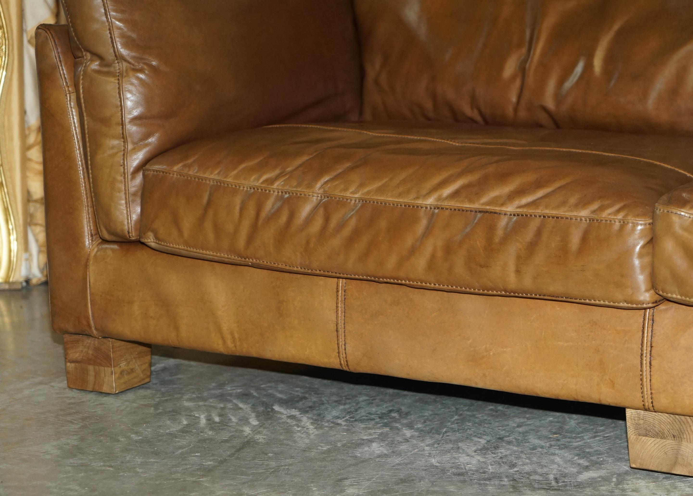 Mid-Century Modern Large Halo Heritage Tan Brown Leather Three Seat Sofa Side Base Back Cushions