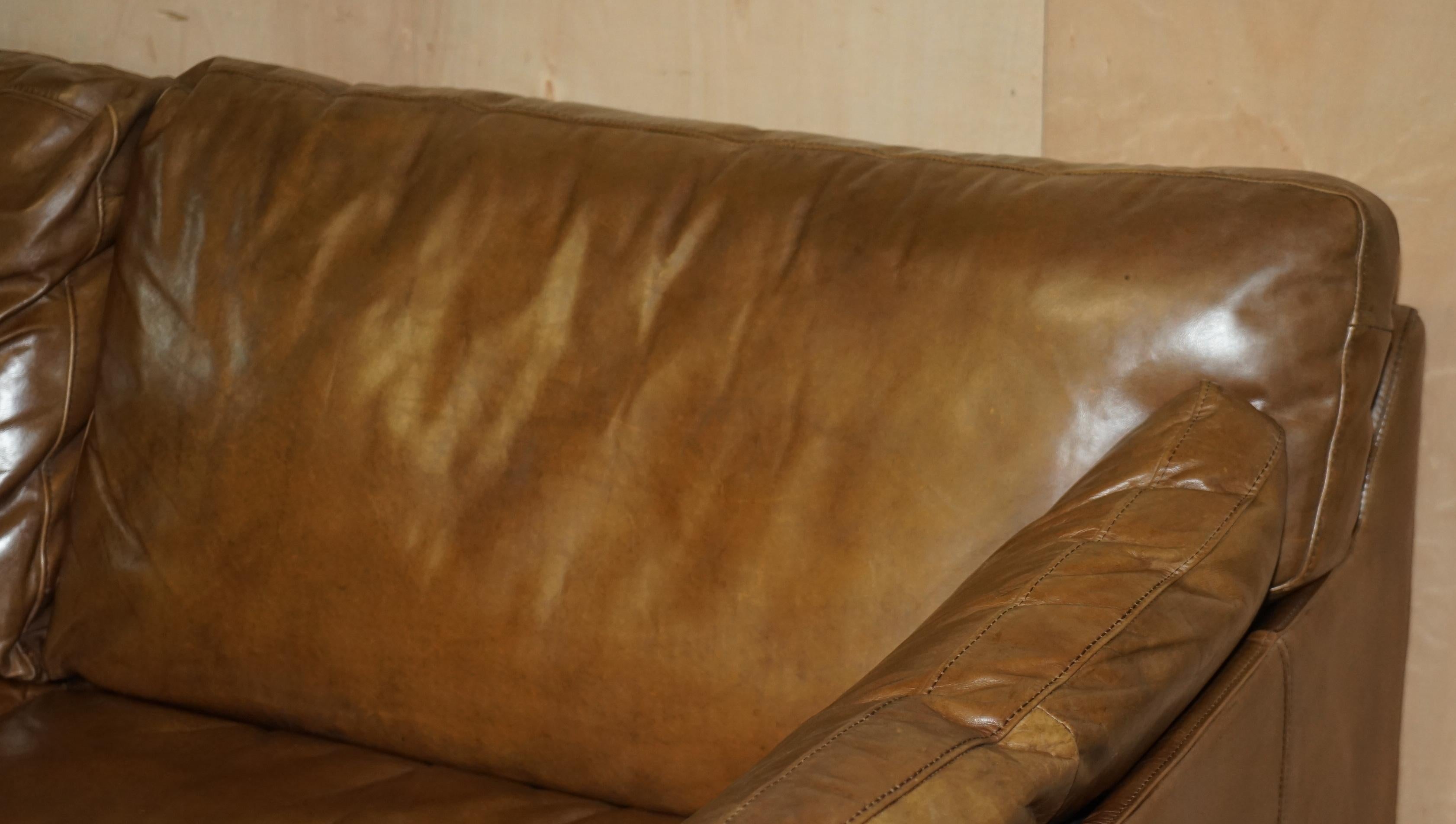 English Large Halo Heritage Tan Brown Leather Three Seat Sofa Side Base Back Cushions