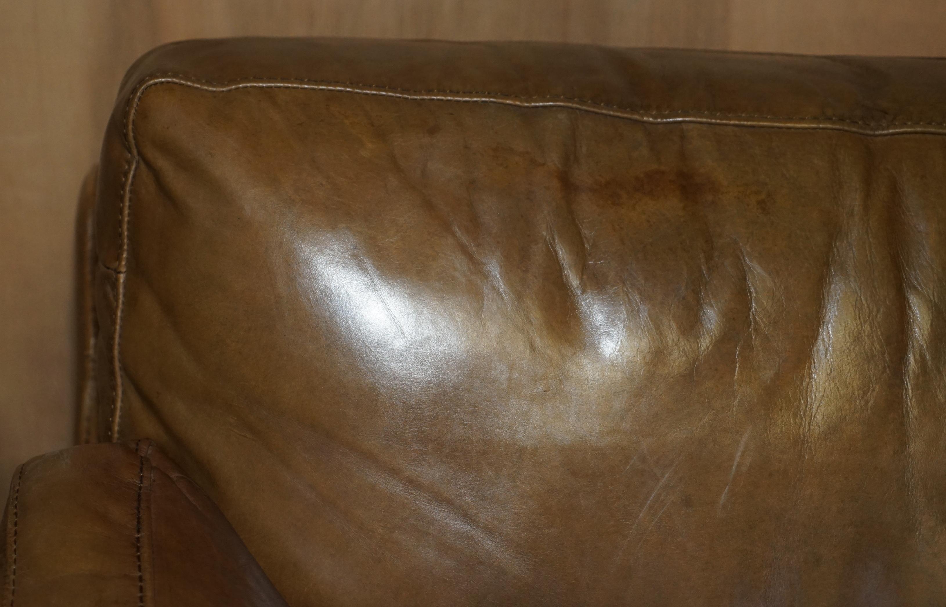 20th Century Large Halo Heritage Tan Brown Leather Three Seat Sofa Side Base Back Cushions