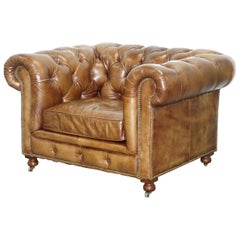 Large Halo Kingston Used Aged Brown Leather Club Armchair with Castors
