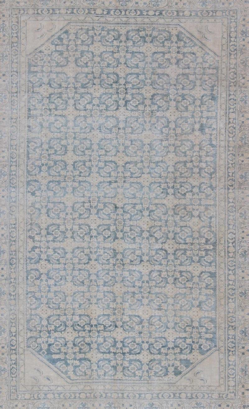 Persian Large Hamadan Rug with All-Over Design in Light Blue and Pale Cream For Sale