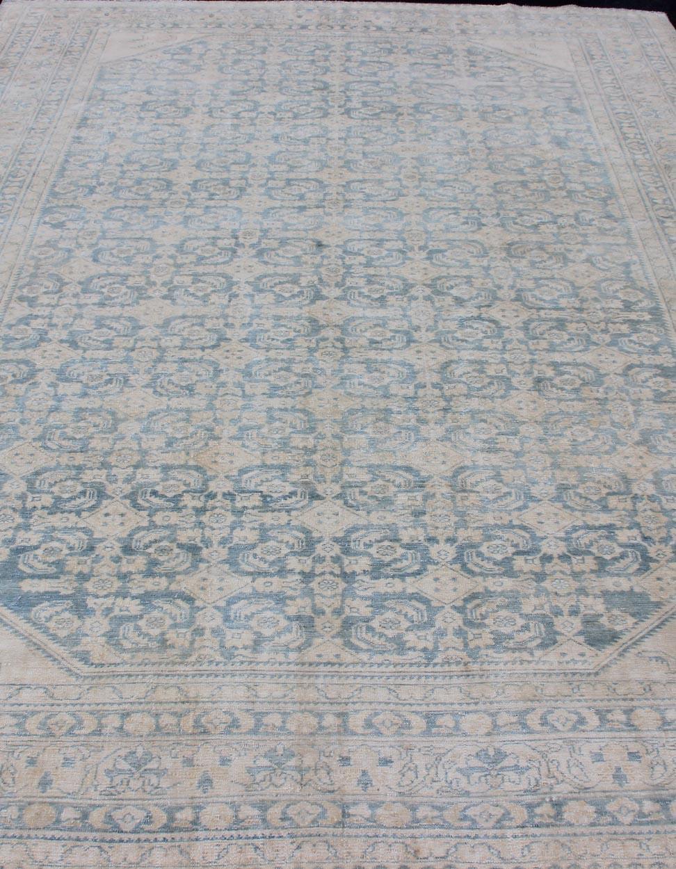 Early 20th Century Large Hamadan Rug with All-Over Design in Light Blue and Pale Cream For Sale