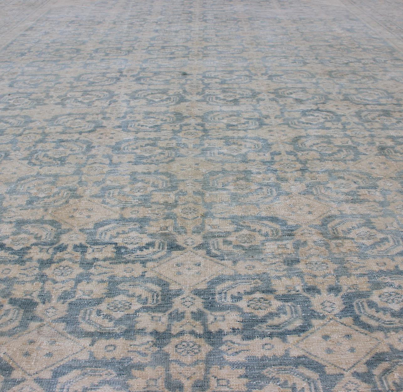 Wool Large Hamadan Rug with All-Over Design in Light Blue and Pale Cream For Sale