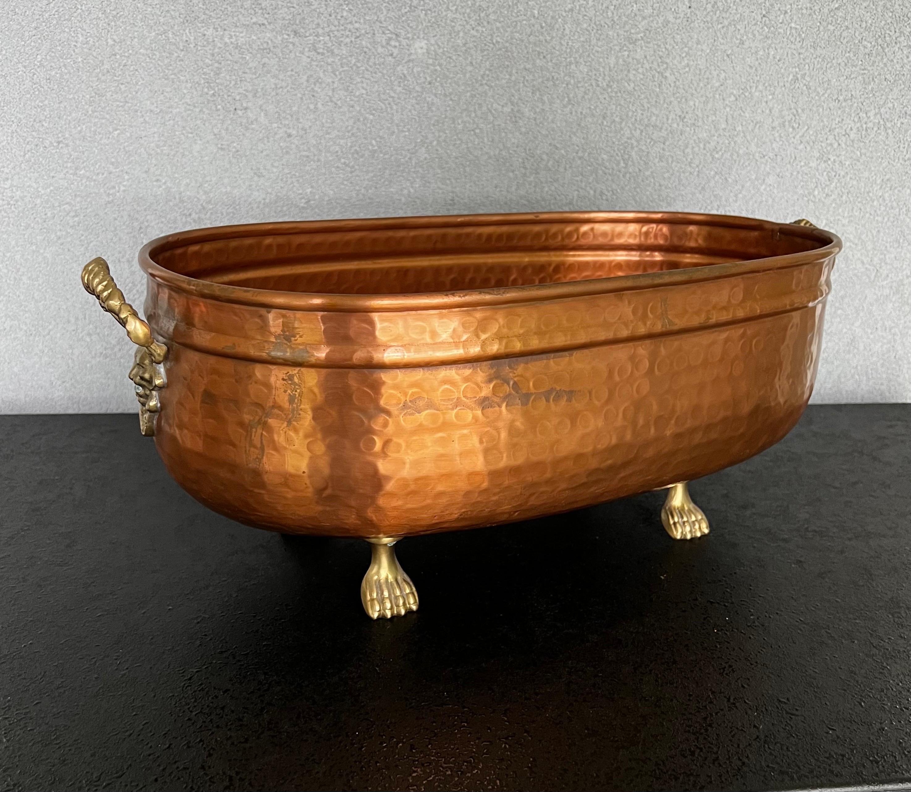Large Hammered Copper and Brass  Footed Jardiniere  For Sale 7