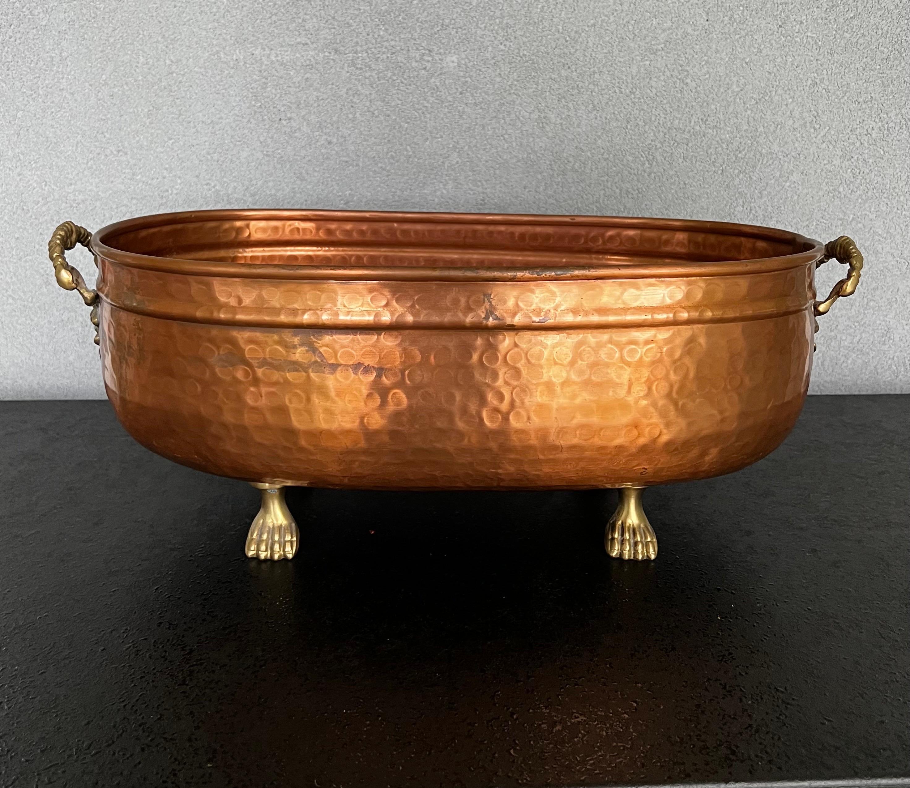 Indian Large Hammered Copper and Brass  Footed Jardiniere  For Sale