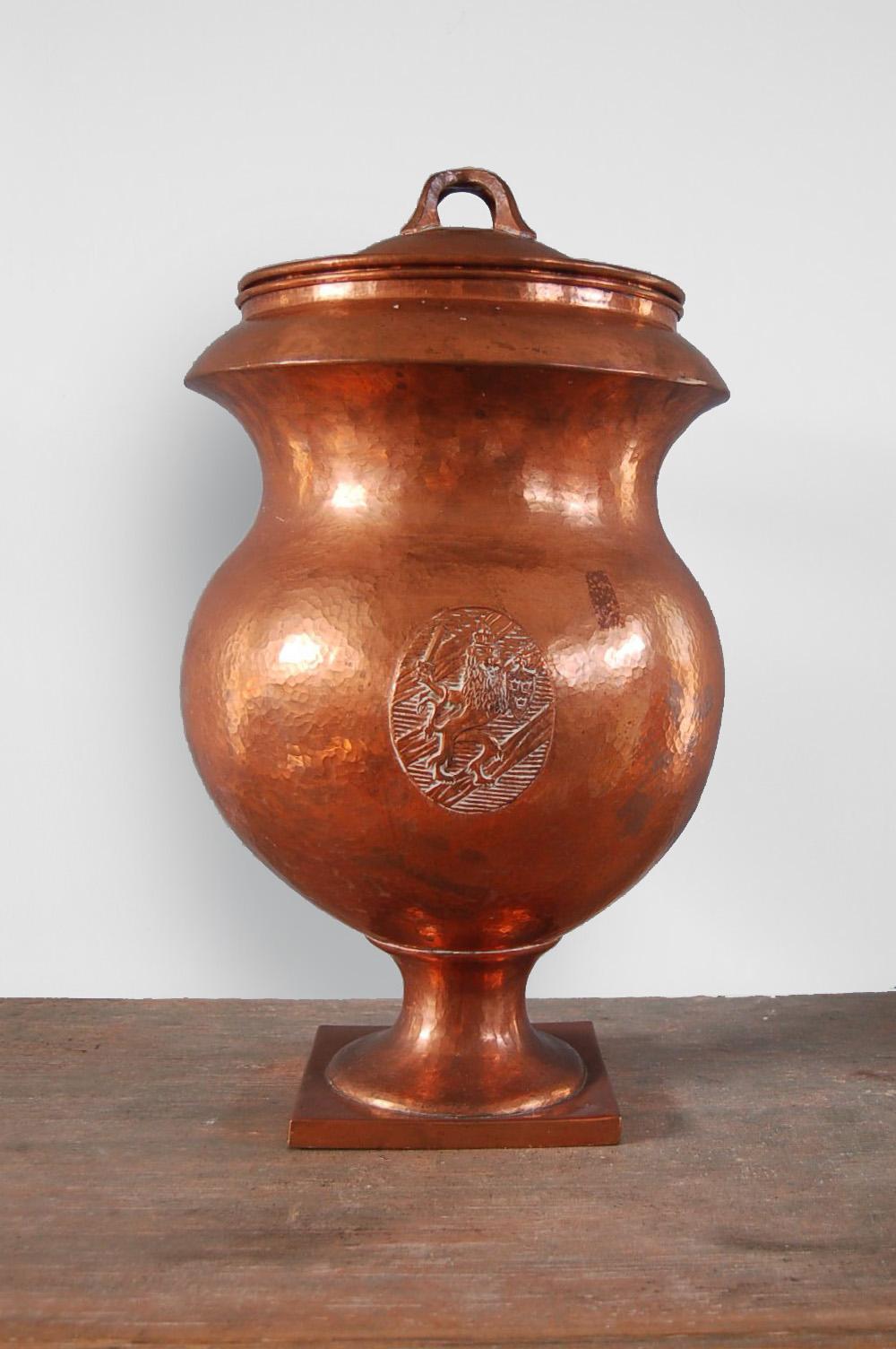 Hand-Crafted Large Hammered Copper Covered Urn with Coat of Arms/Lions, Swedish, circa 1820