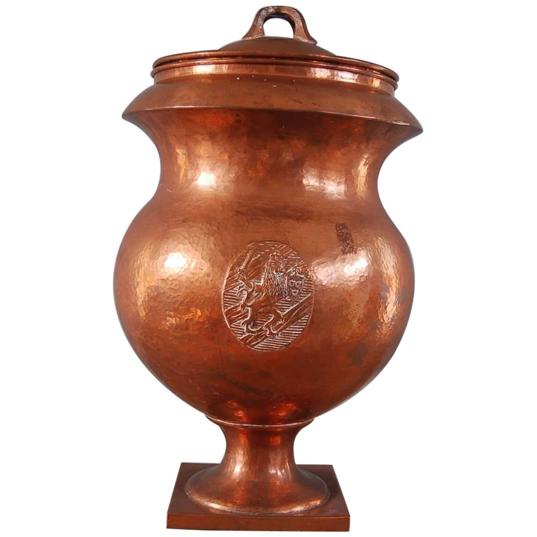 Large Hammered Copper Covered Urn with Coat of Arms/Lions, Swedish, circa 1820