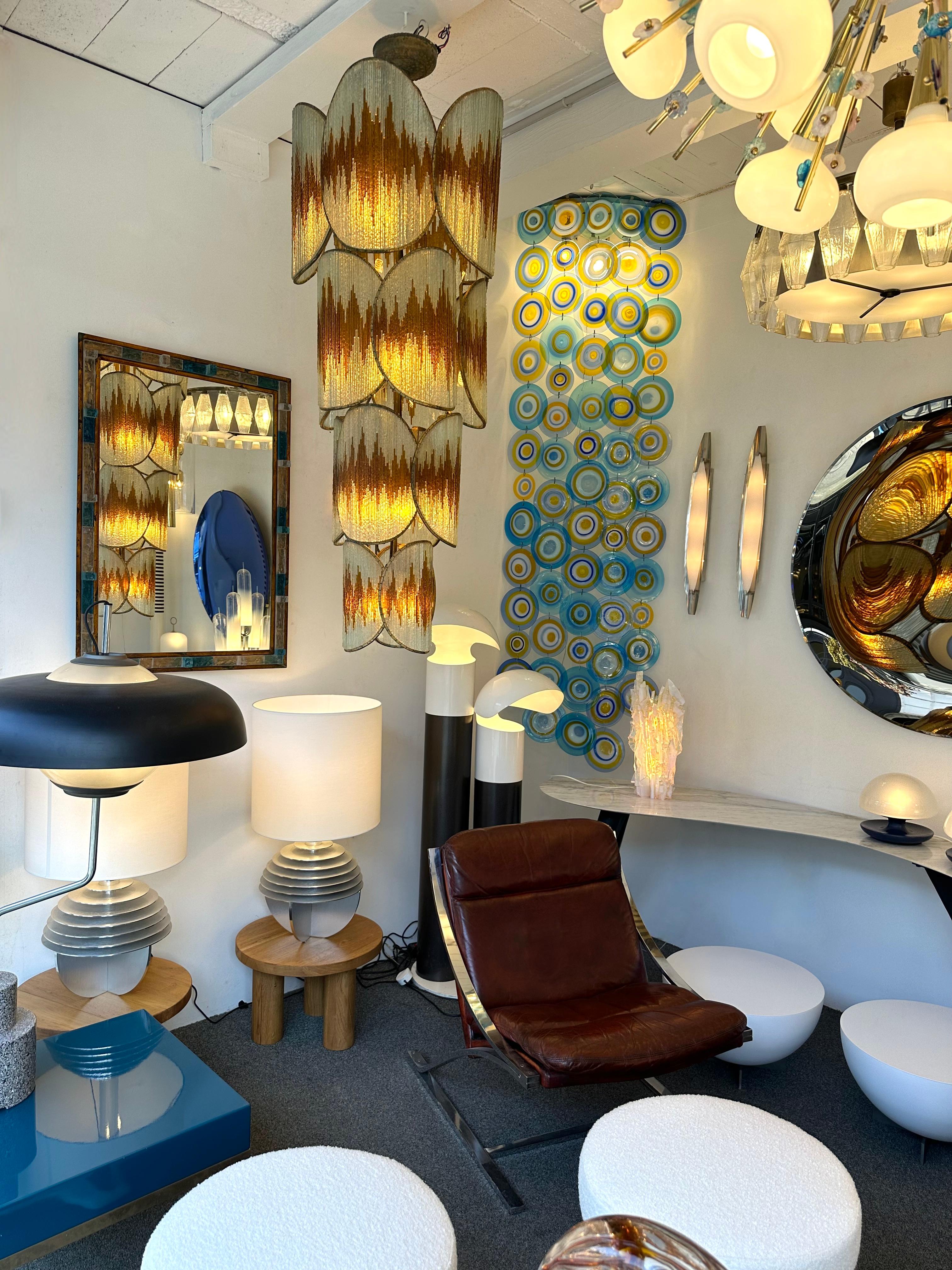 Italian Large Hammered Glass Gilt Wrought Iron Chandelier by Longobard, Italy 1970s