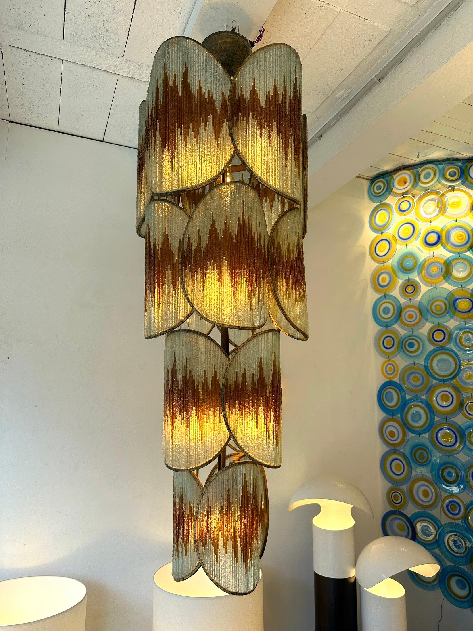 Late 20th Century Large Hammered Glass Gilt Wrought Iron Chandelier by Longobard, Italy 1970s