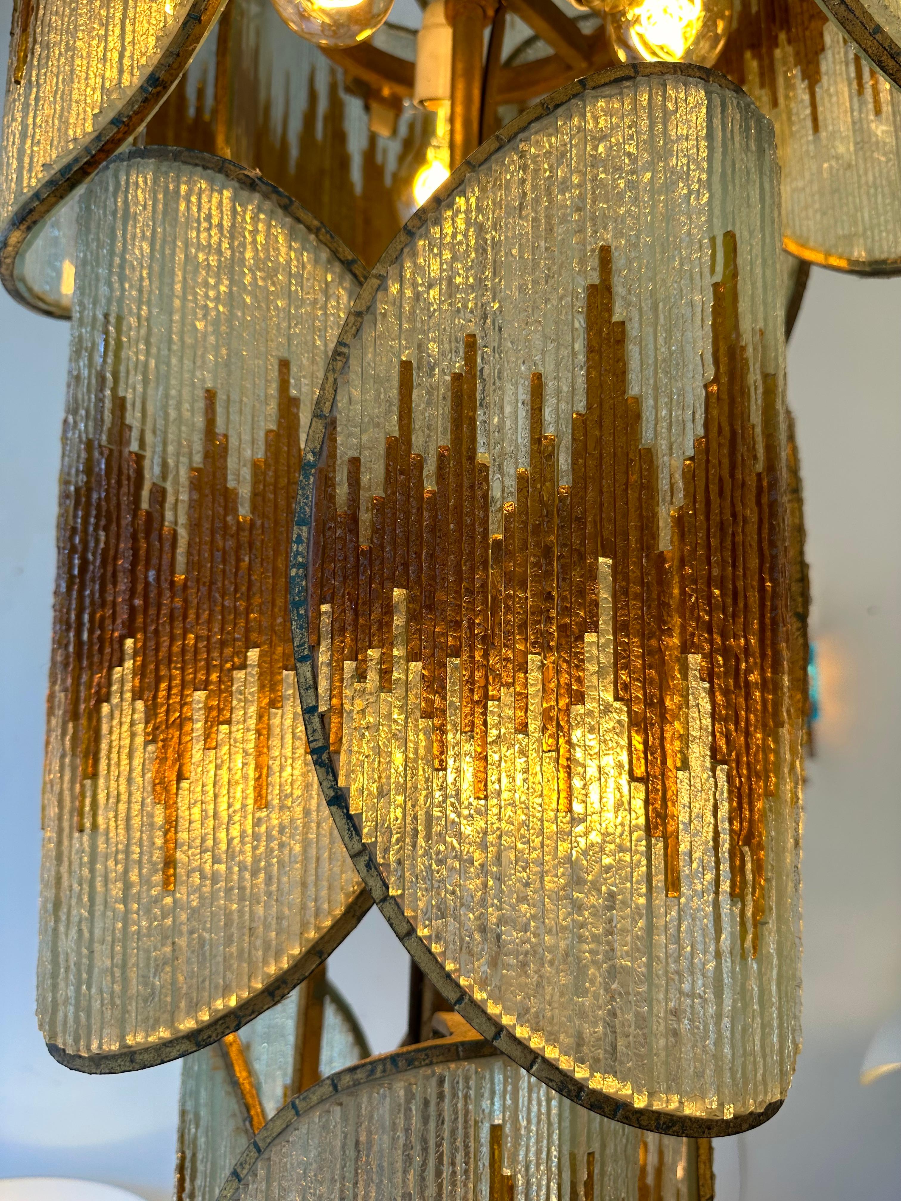 Large Hammered Glass Gilt Wrought Iron Chandelier by Longobard, Italy 1970s For Sale 3