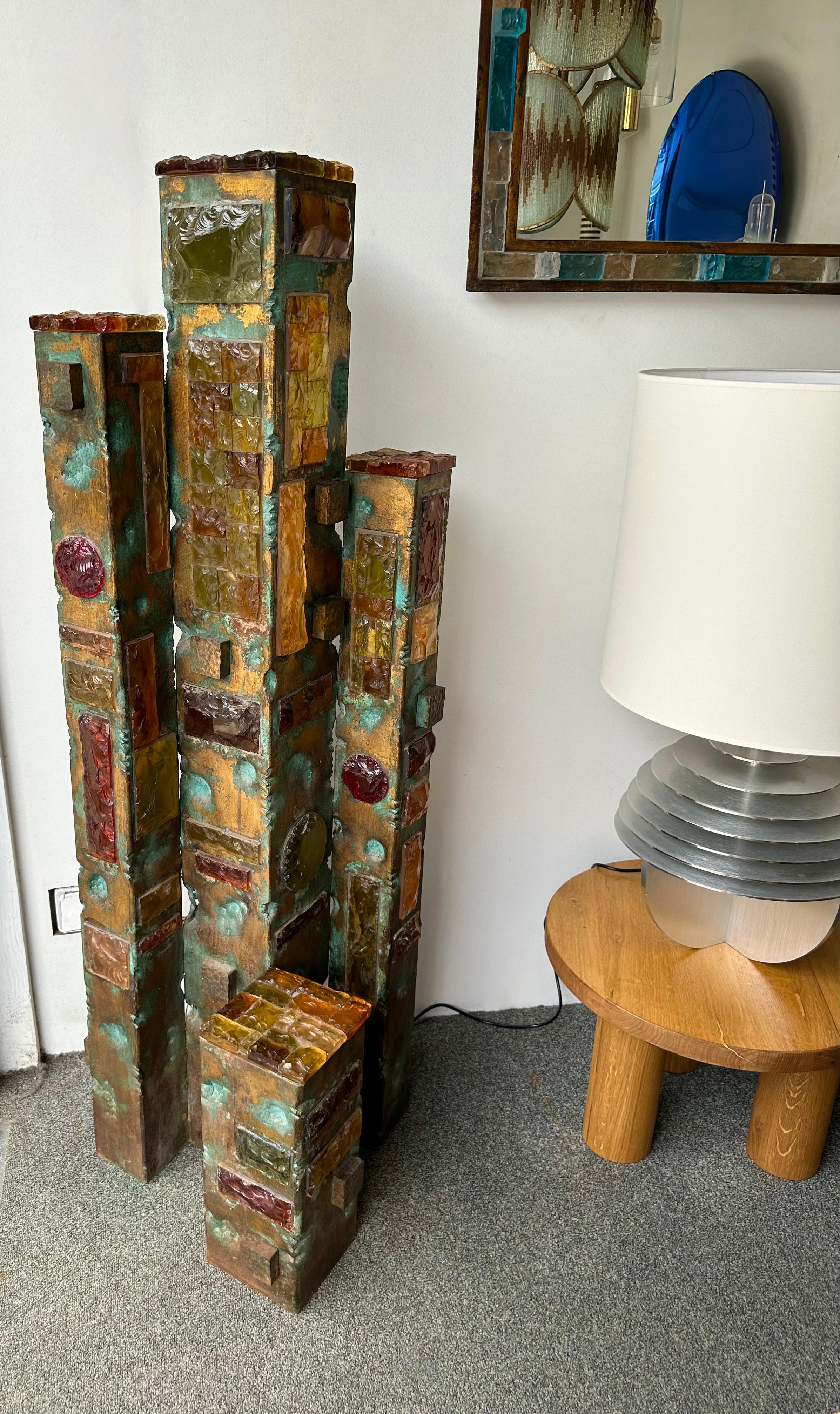 Large Hammered Glass Gilt Wrought Iron Floor Lamp by Longobard, Italy 1970s 7