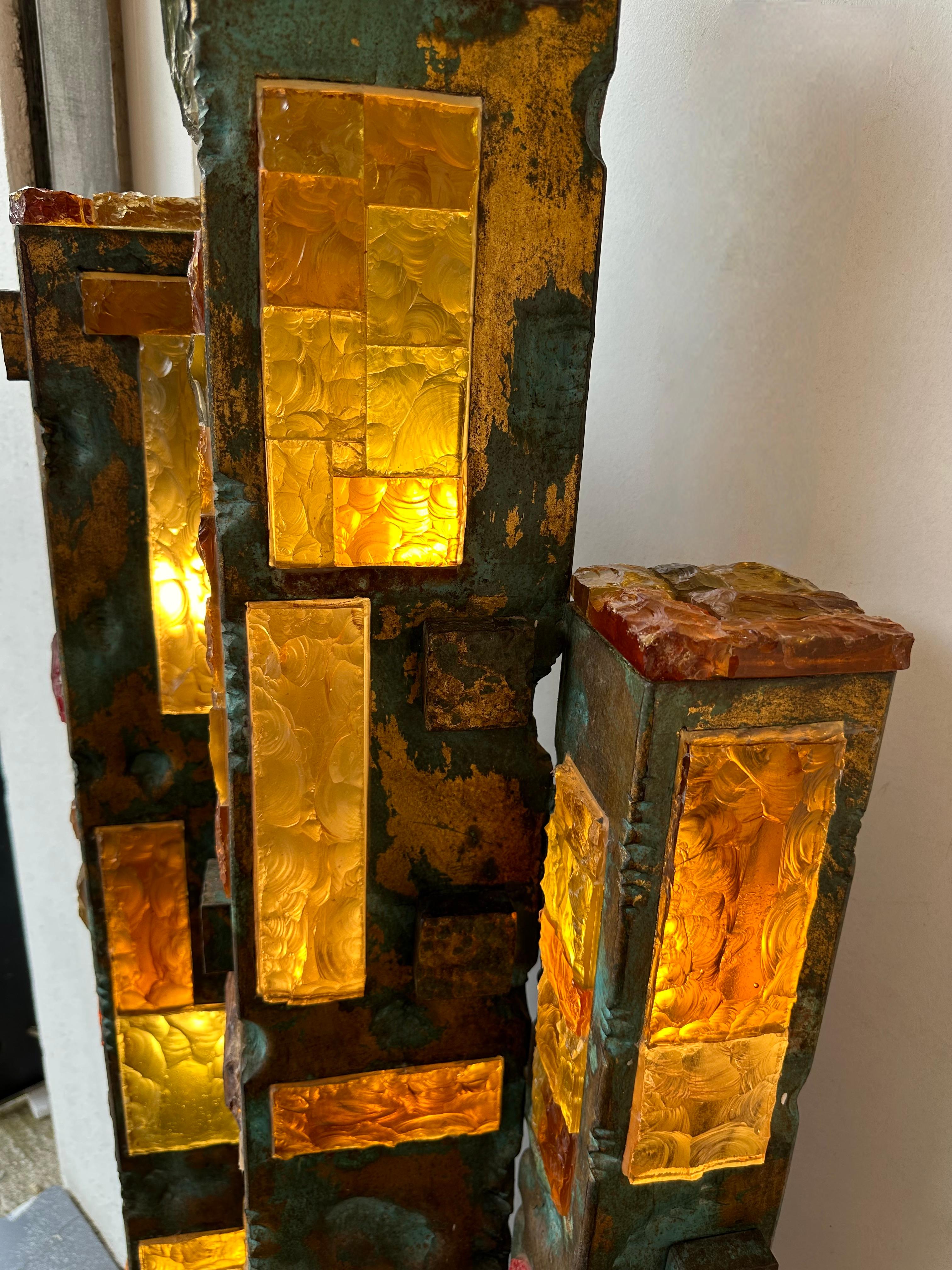 Large Hammered Glass Gilt Wrought Iron Floor Lamp by Longobard, Italy 1970s 8