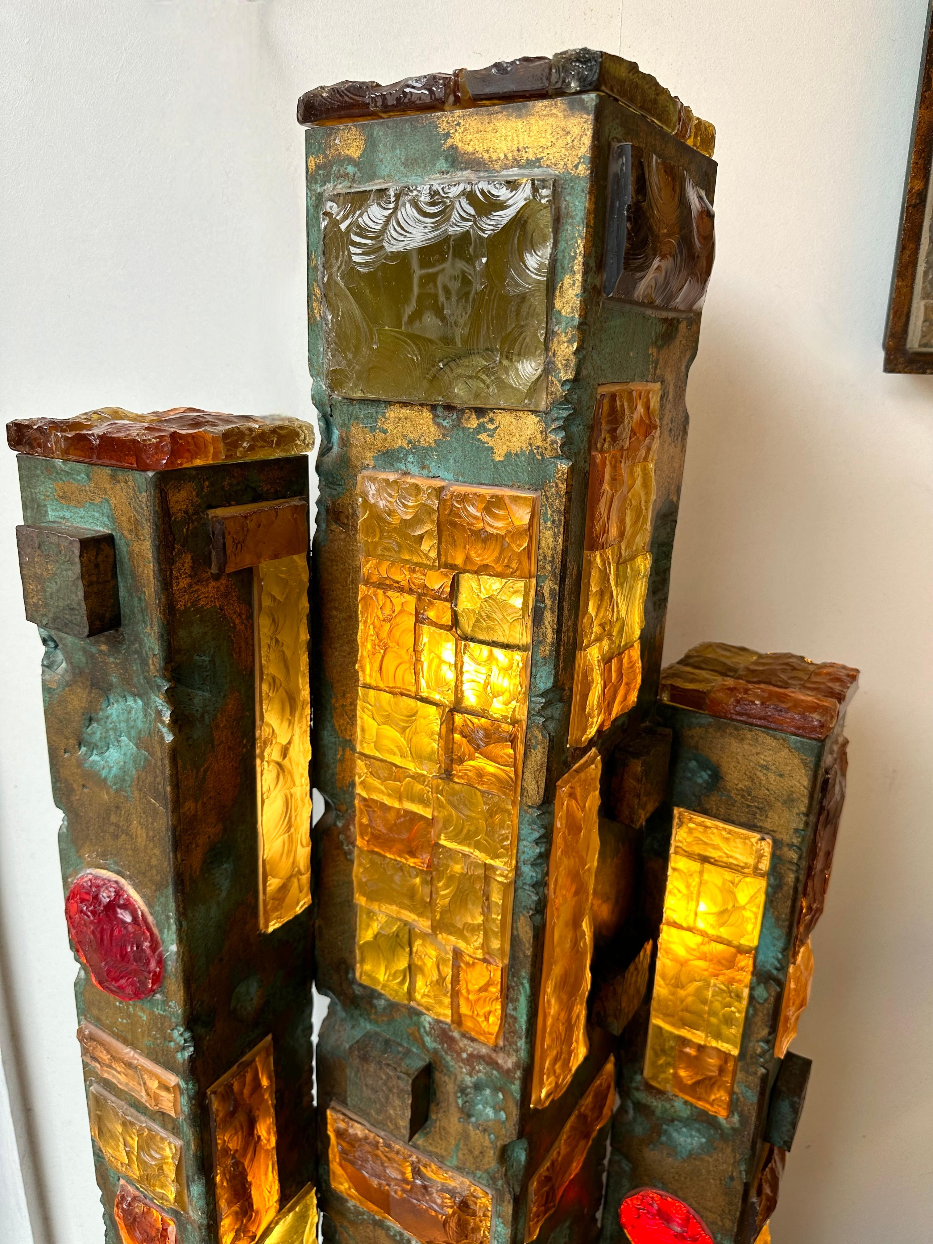Italian Large Hammered Glass Gilt Wrought Iron Floor Lamp by Longobard, Italy 1970s